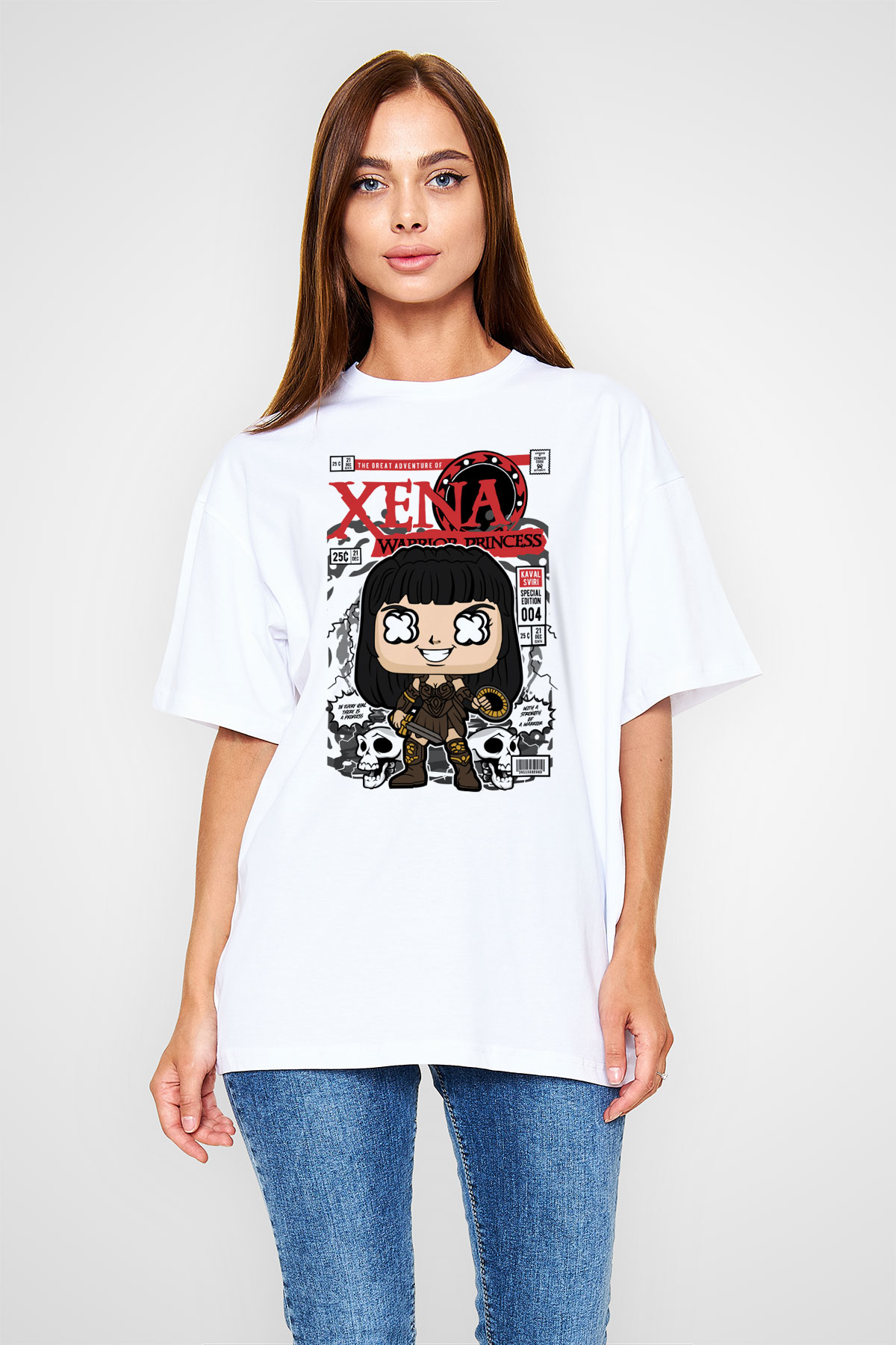 XENA - Savaşçı Prenses Baskılı Unisex Beyaz Oversize Tişört