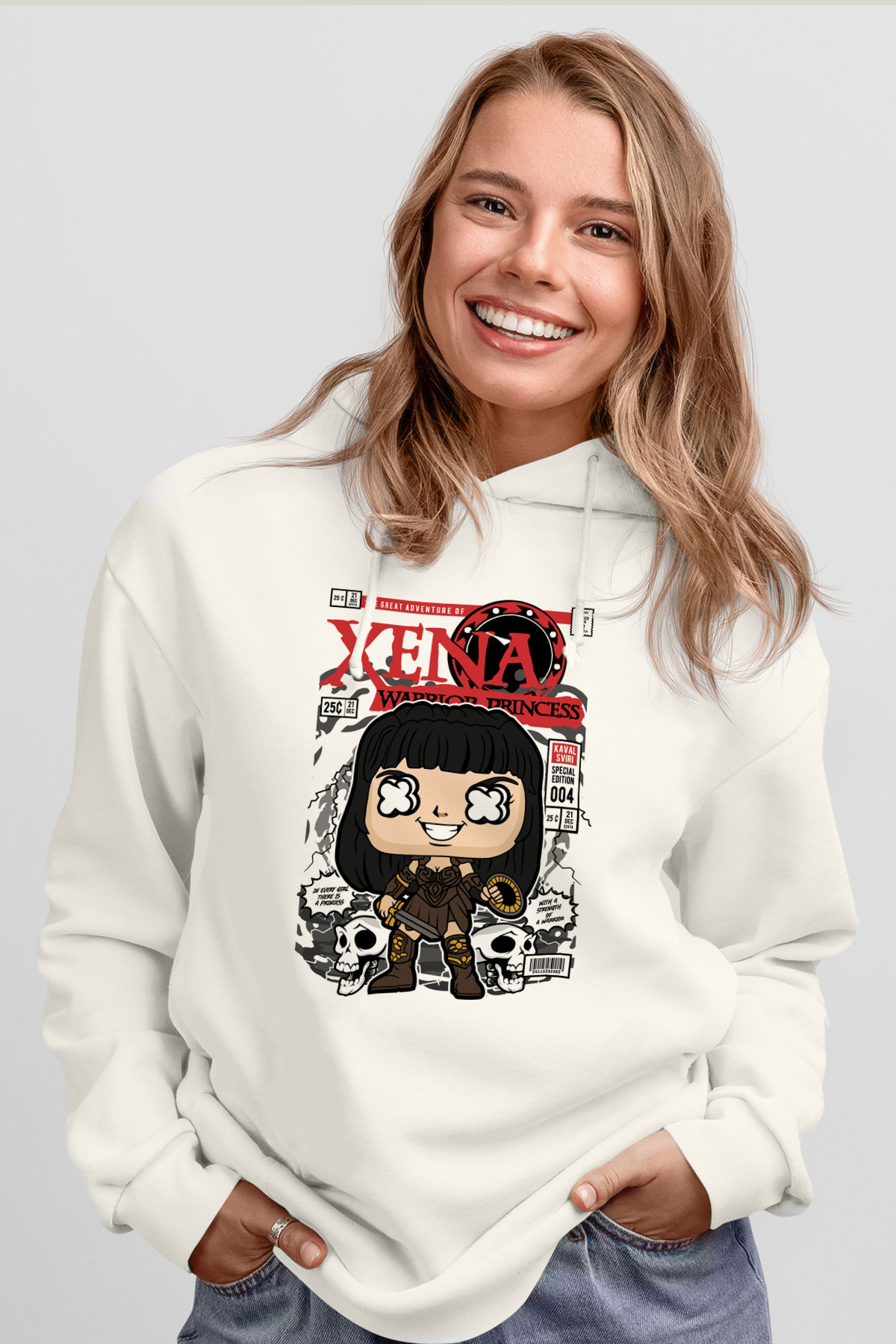 XENA - Savaşçı Prenses Baskılı Unisex Beyaz Hoodie