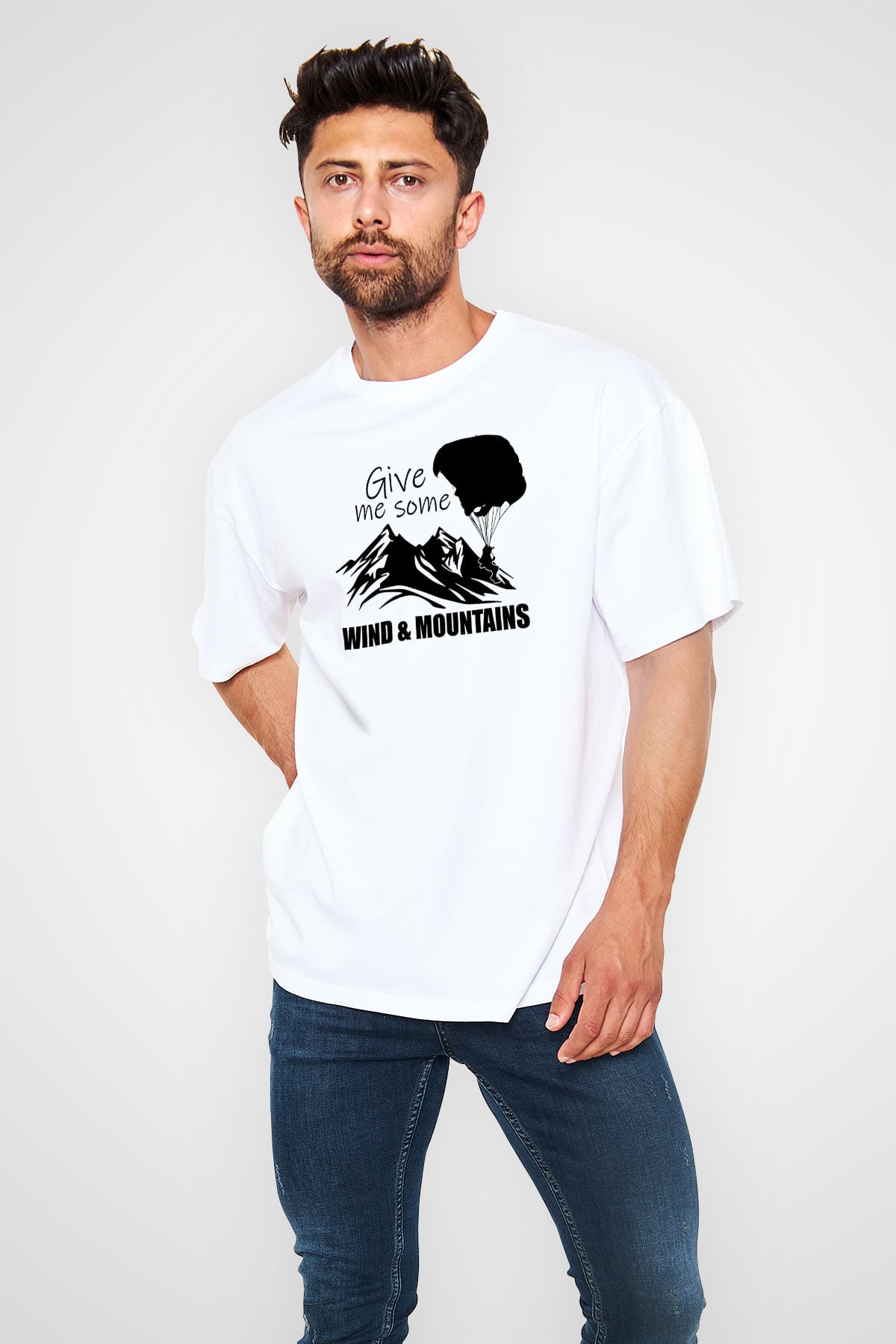 Yamaç Paraşütü Baskılı Unisex Beyaz Oversize Tişört - Tshirt