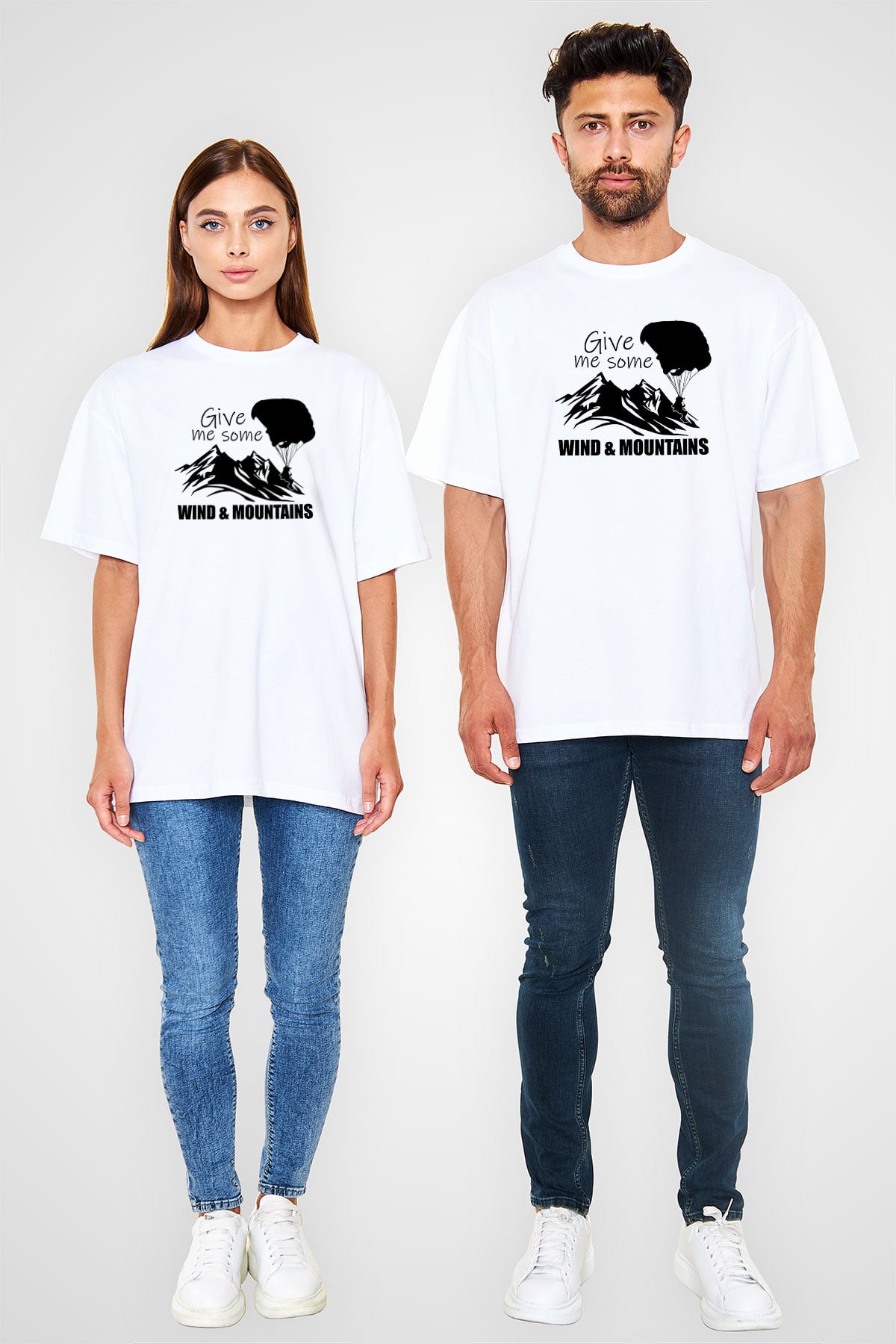 Yamaç Paraşütü Baskılı Unisex Beyaz Oversize Tişört - Tshirt