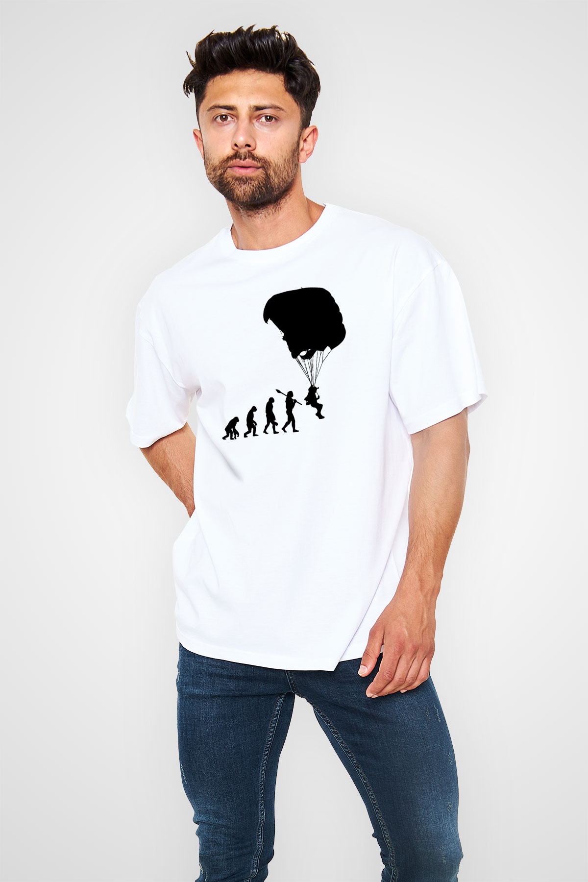 Yamaç Paraşütü Baskılı Unisex Beyaz Oversize Tişört - Tshirt