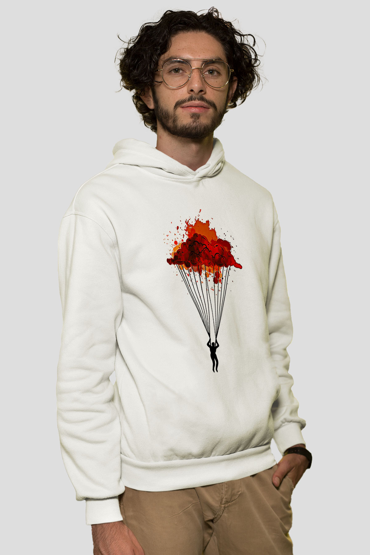 Yamaç Paraşütü Baskılı Unisex Ekru Hoodie