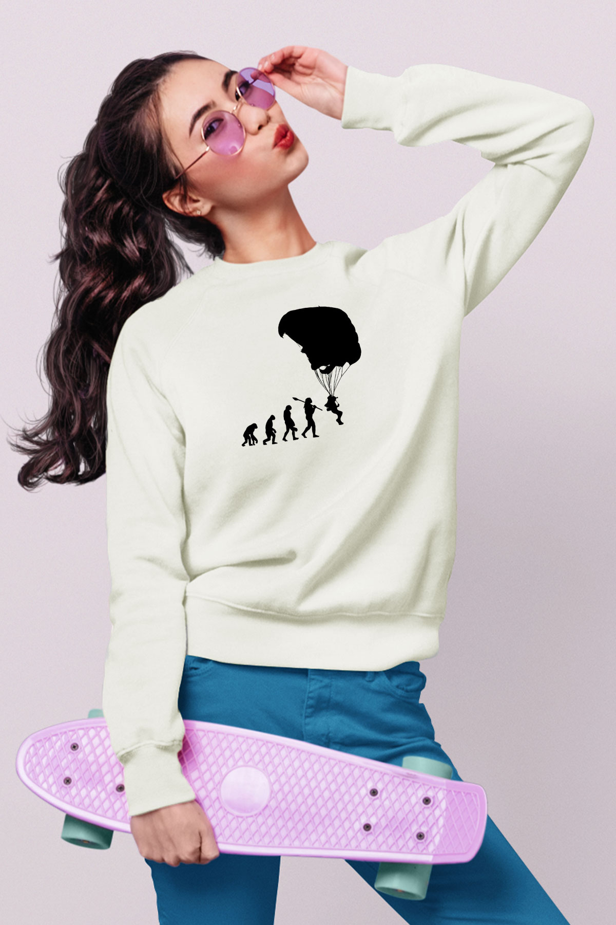 Yamaç Paraşütü Baskılı Unisex Ekru Sweatshirt
