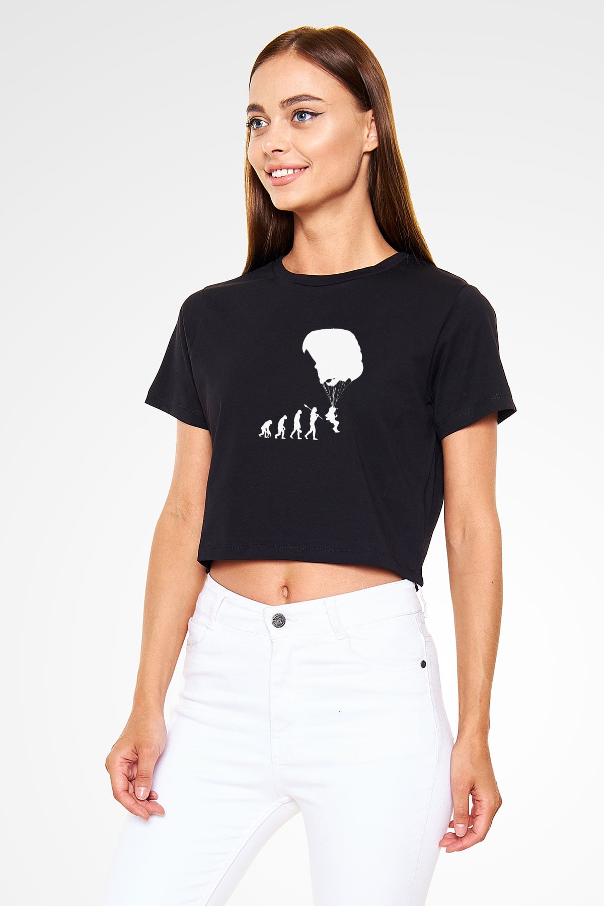 Yamaç Paraşütü - Paragliding Baskılı Crop Top Siyah Kadın Tişört - Tshirt