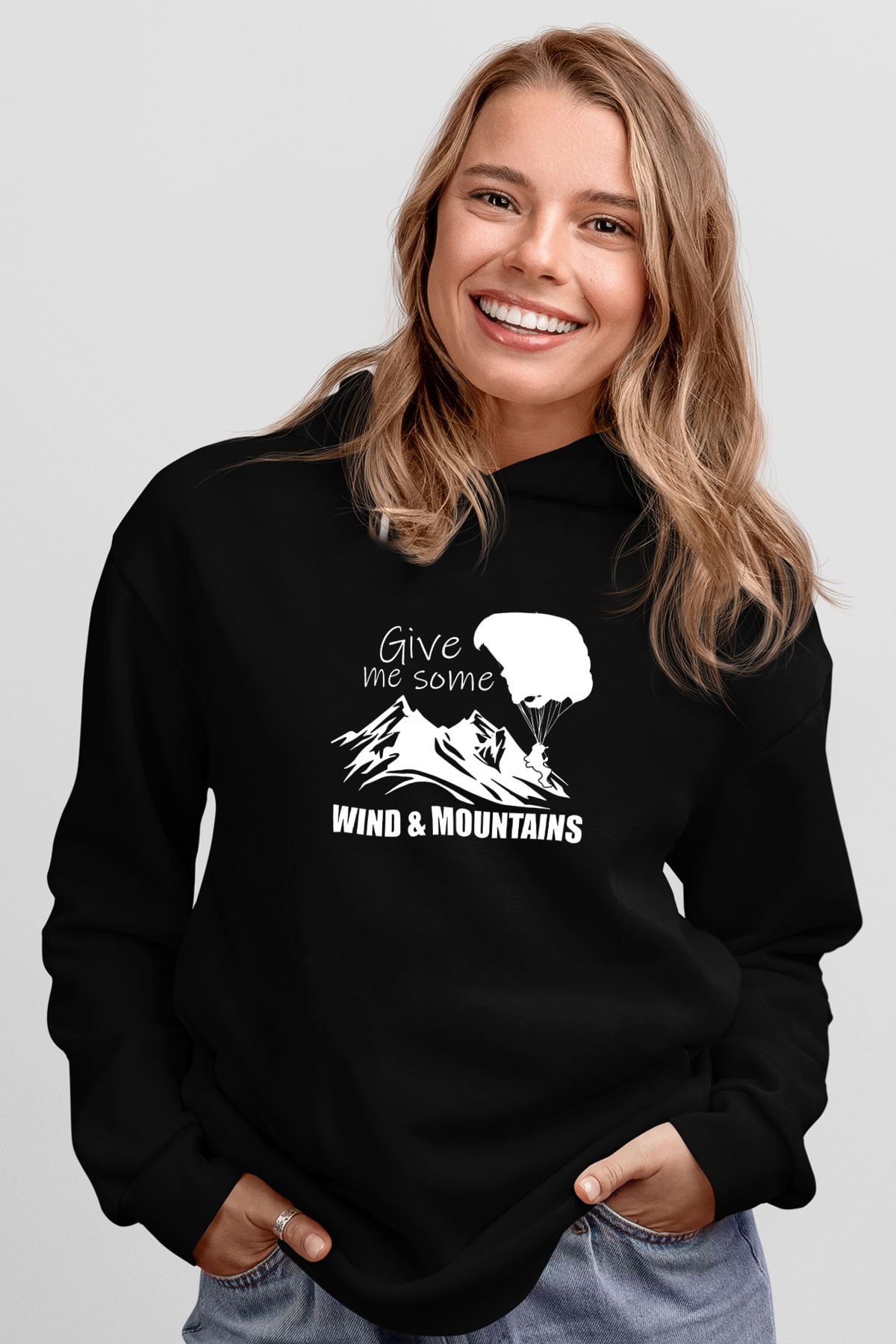 Yamaç Paraşütü - Paragliding Baskılı Unisex Siyah Kapüşonlu Sweatshirt