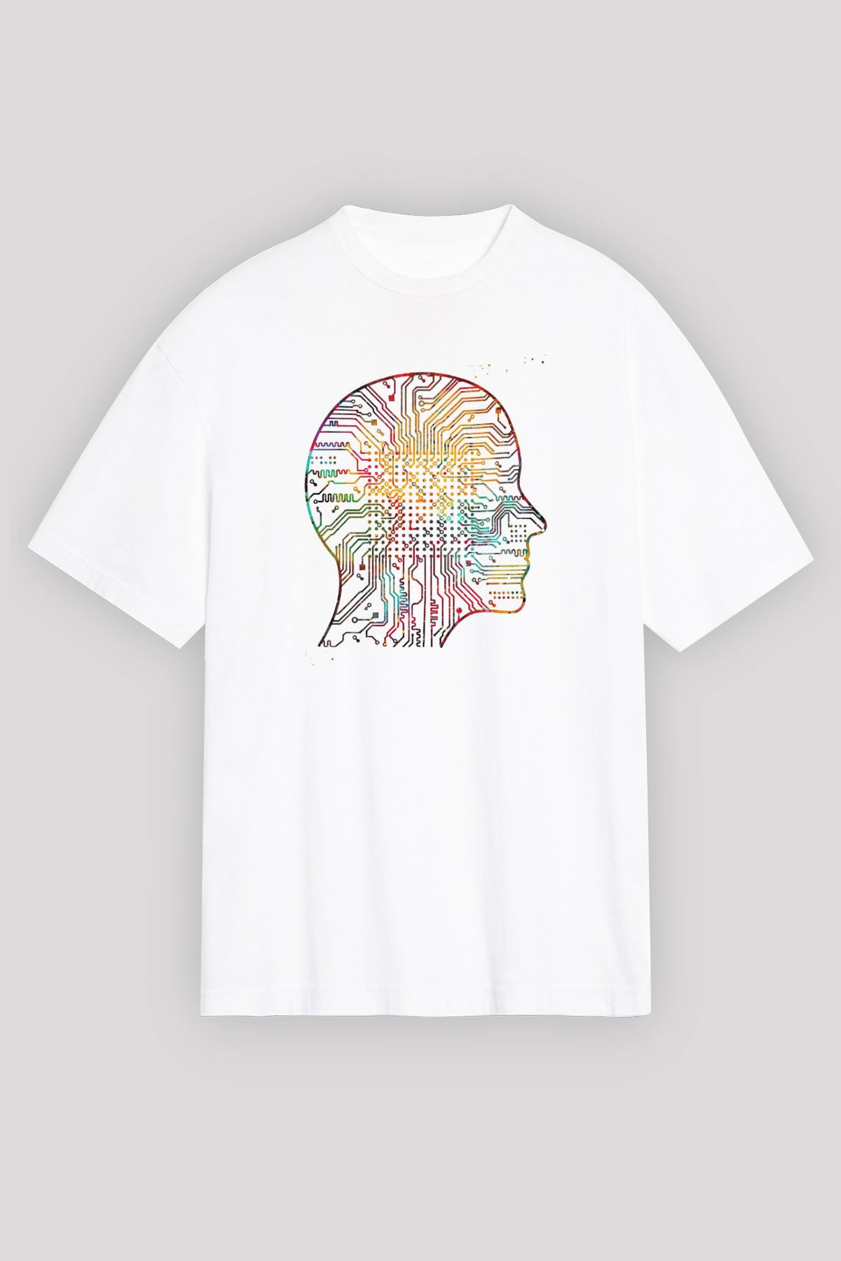 Yapay Zeka Renkli Baskılı Unisex Oversize Beyaz Tişört - Tshirt