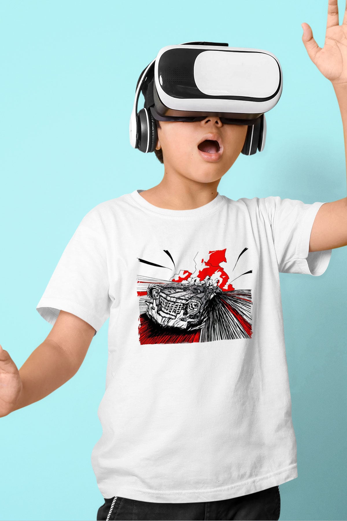 Yarış Arabası Baskılı Unisex Beyaz  Çocuk Tişört