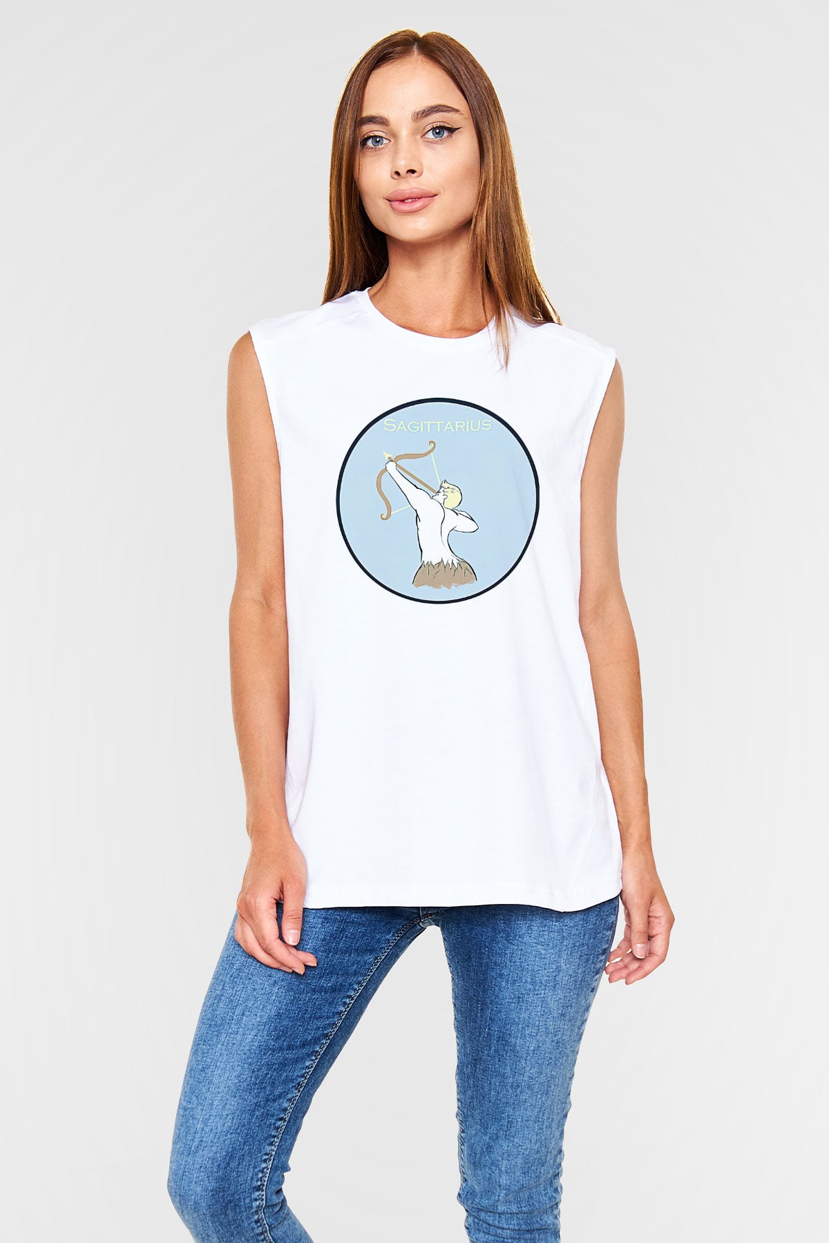Yay Burcu Baskılı Beyaz Unisex Kolsuz Tişört - Tshirt