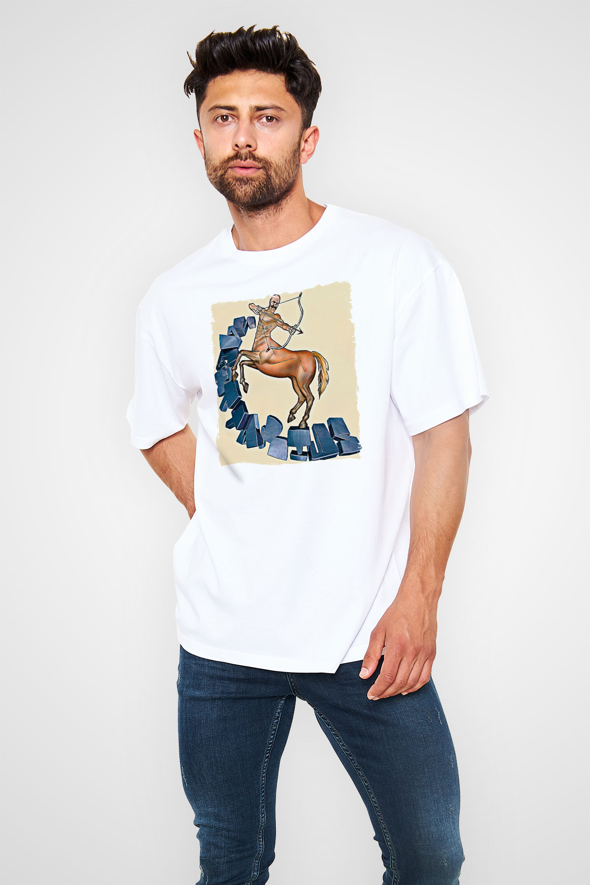 Yay Burcu Baskılı Beyaz Unisex Oversize Tişört - Tshirt