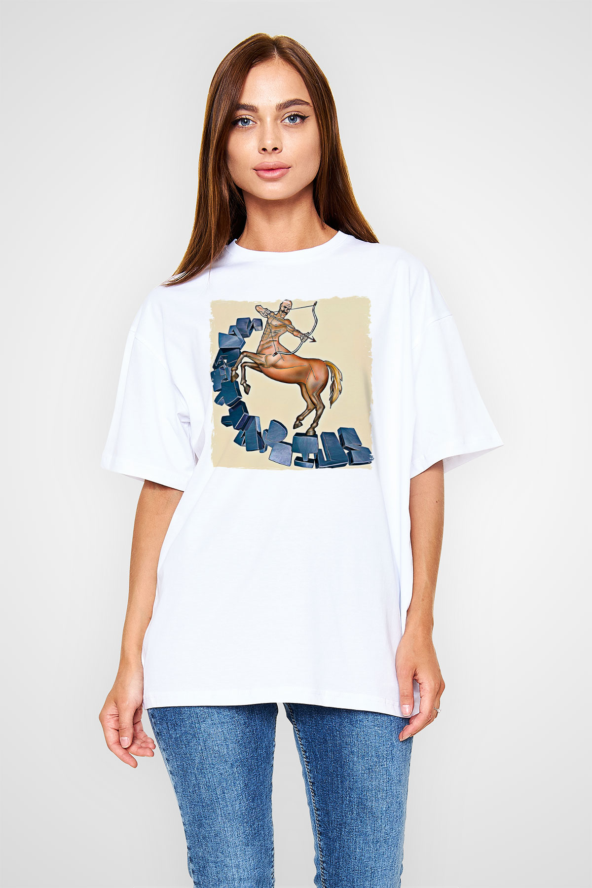 Yay Burcu Baskılı Beyaz Unisex Oversize Tişört - Tshirt