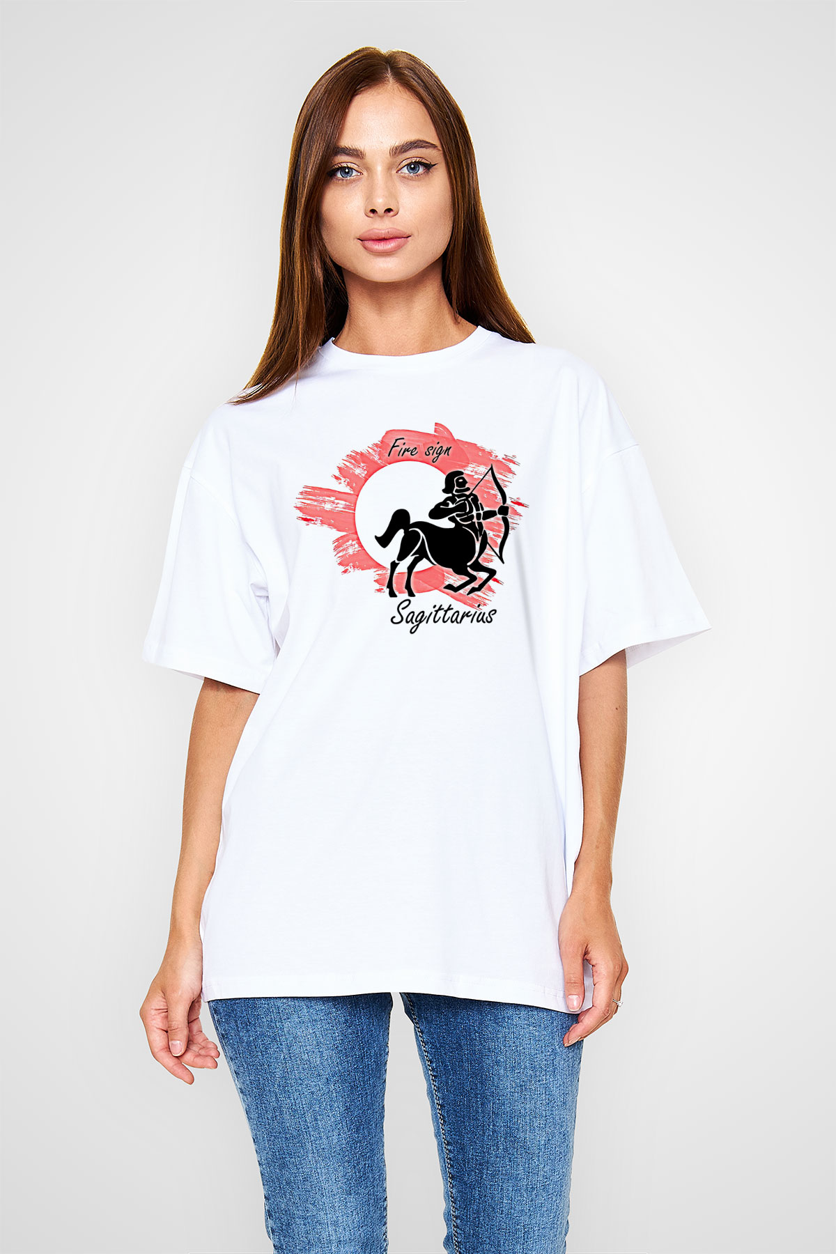 Yay Burcu Baskılı Beyaz Unisex Oversize Tişört - Tshirt