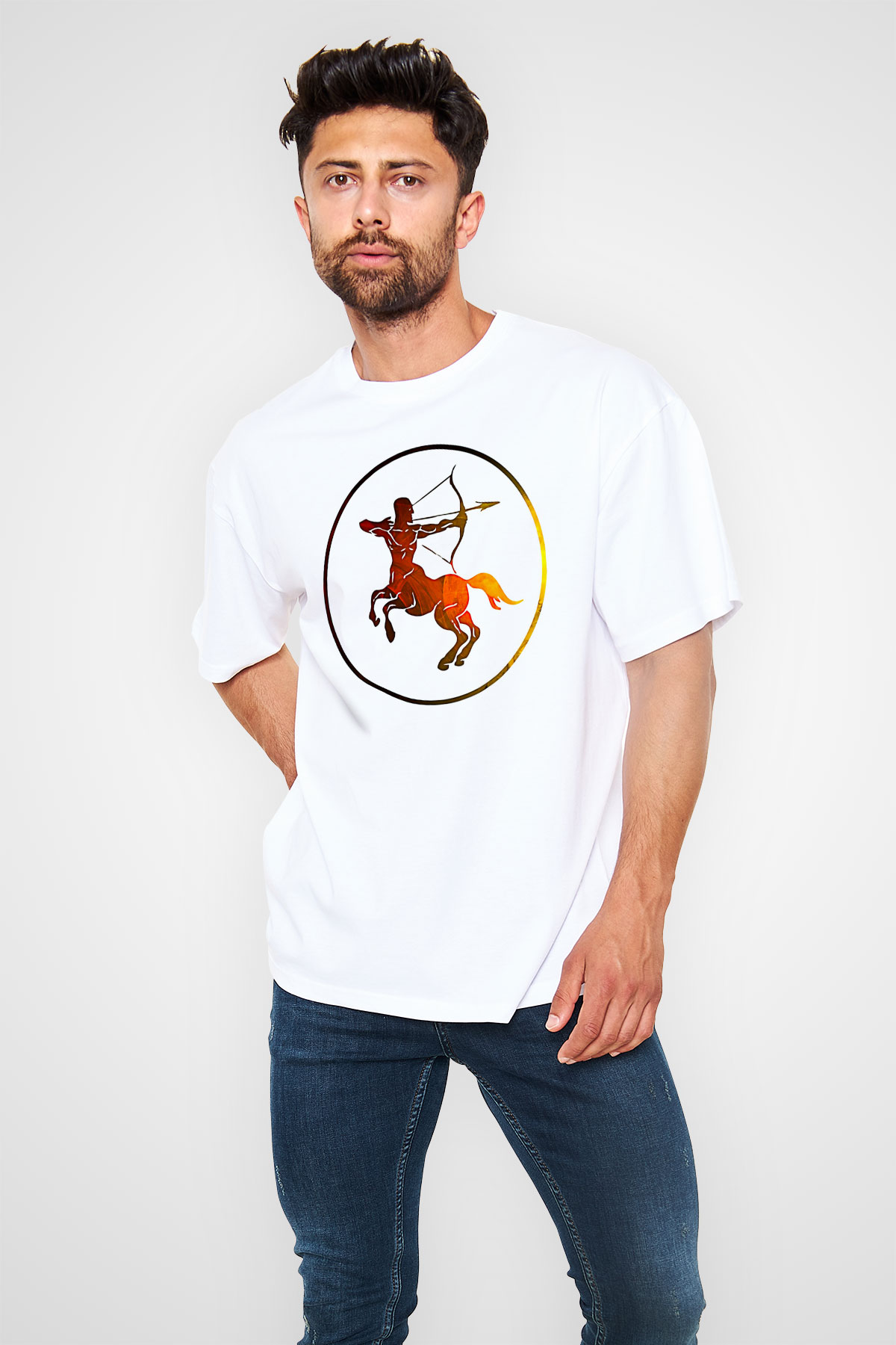 Yay Burcu Baskılı Beyaz Unisex Oversize Tişört - Tshirt