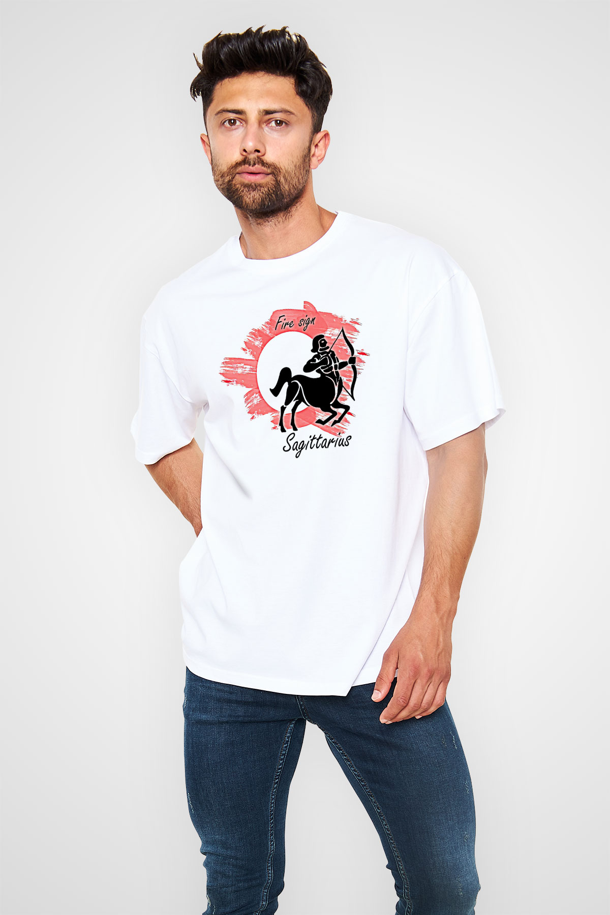 Yay Burcu Baskılı Beyaz Unisex Oversize Tişört - Tshirt