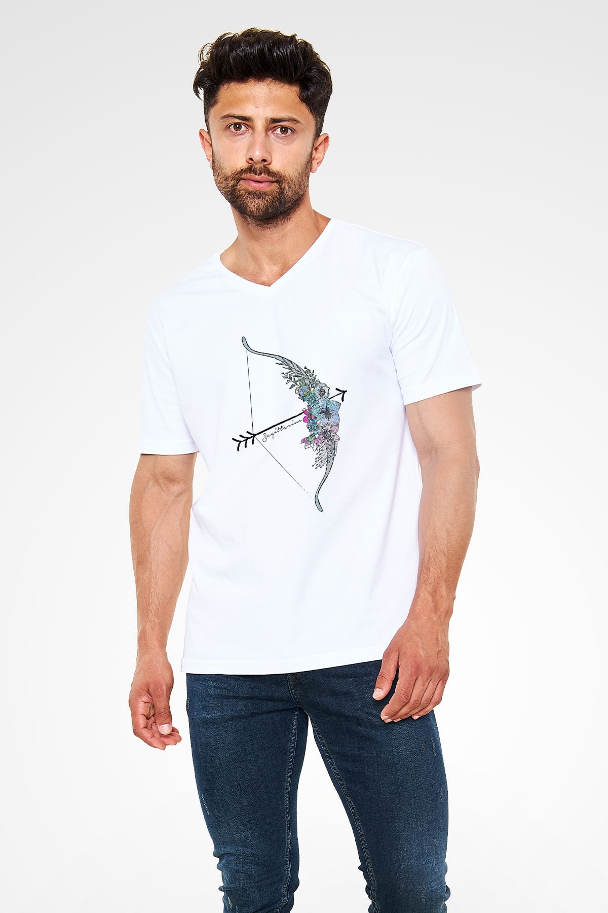 Yay Burcu Baskılı Beyaz Unisex V Yaka Tişört - Tshirt