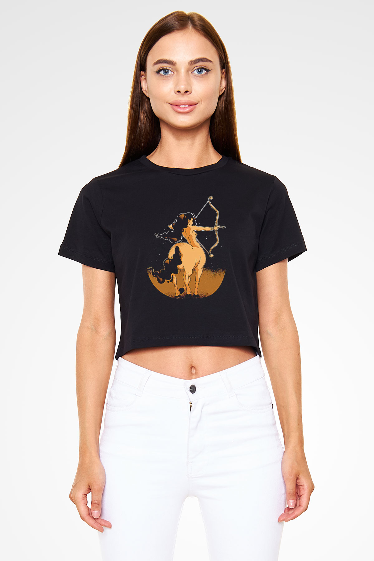 Yay Burcu Baskılı Siyah Crop Top Kadın Tişört - Tshirt