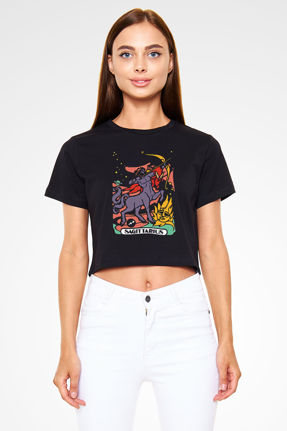 Yay Burcu Baskılı Siyah Crop Top Kadın Tişört - Tshirt