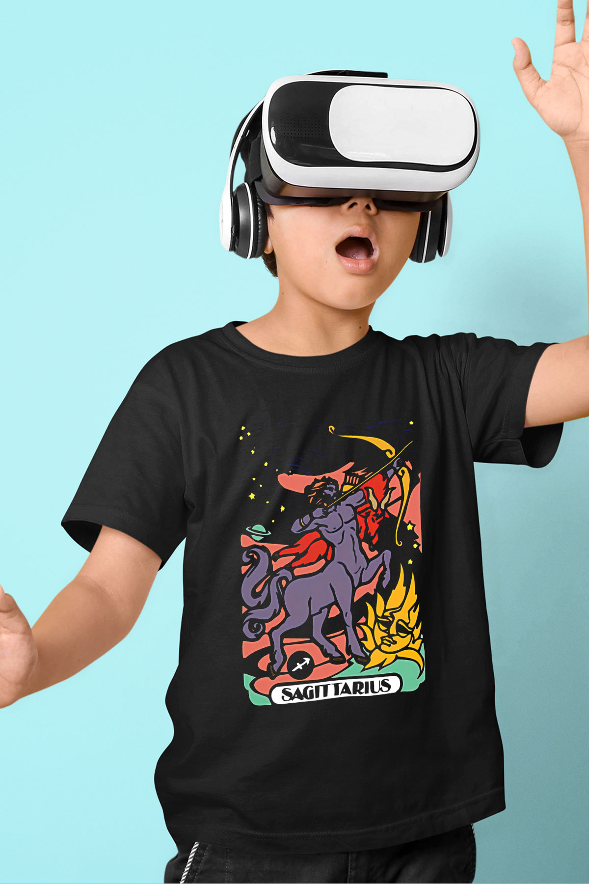 Yay Burcu Baskılı Unisex Siyah Çocuk Tişört - Tshirt