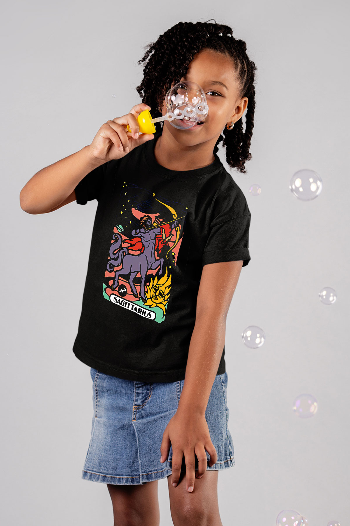 Yay Burcu Baskılı Unisex Siyah Çocuk Tişört - Tshirt