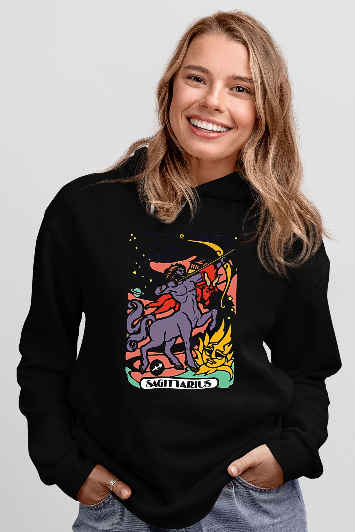 Yay Burcu Baskılı Unisex Siyah Hoodie