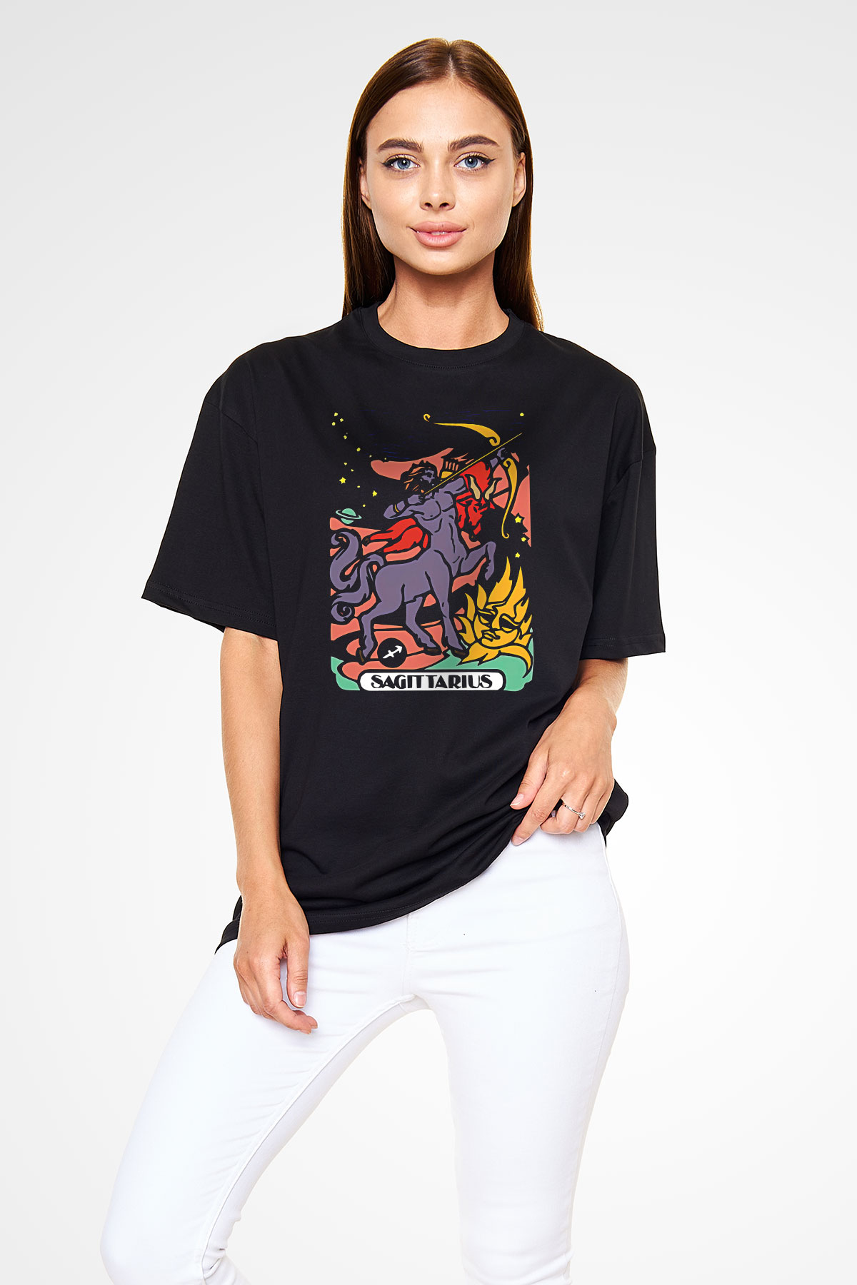 Yay Burcu Baskılı Unisex Siyah Oversize Tişört - Tshirt