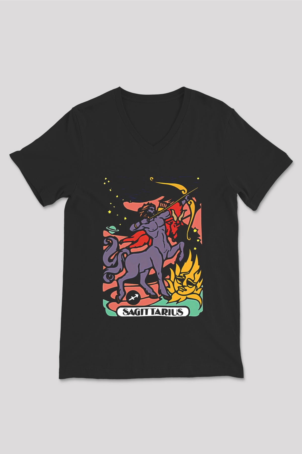 Yay Burcu Baskılı Unisex Siyah V Yaka Tişört - Tshirt