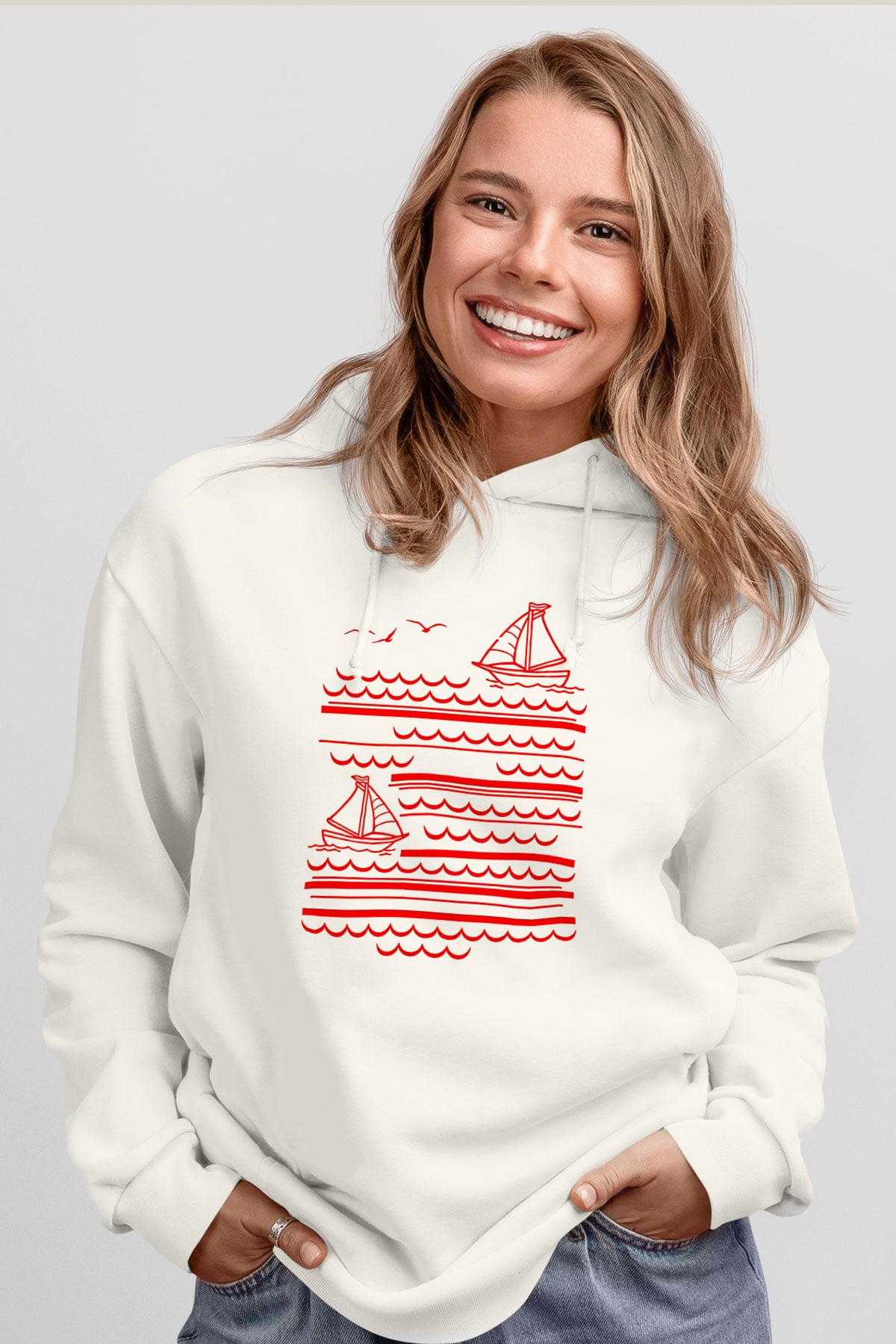 Yelken Baskılı Unisex Ekru Hoodie