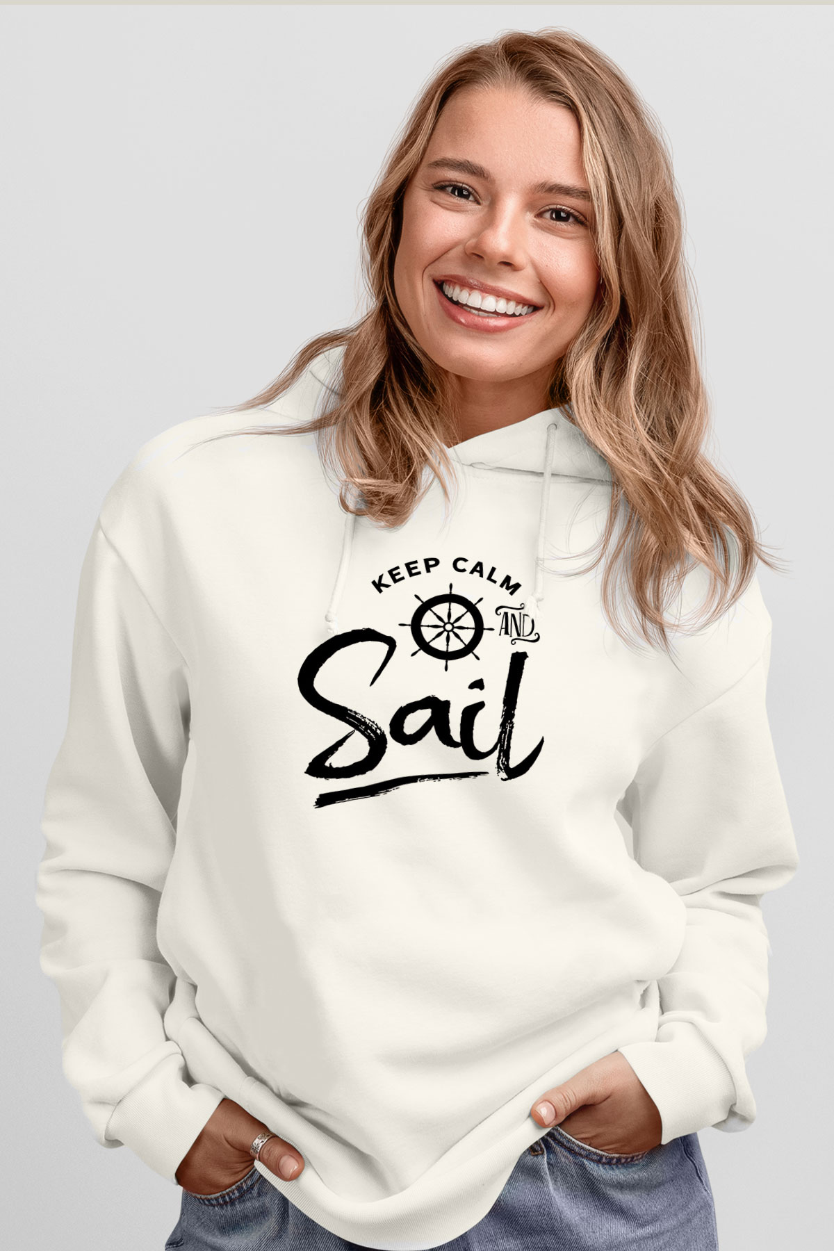 Yelken Baskılı Unisex Ekru Hoodie