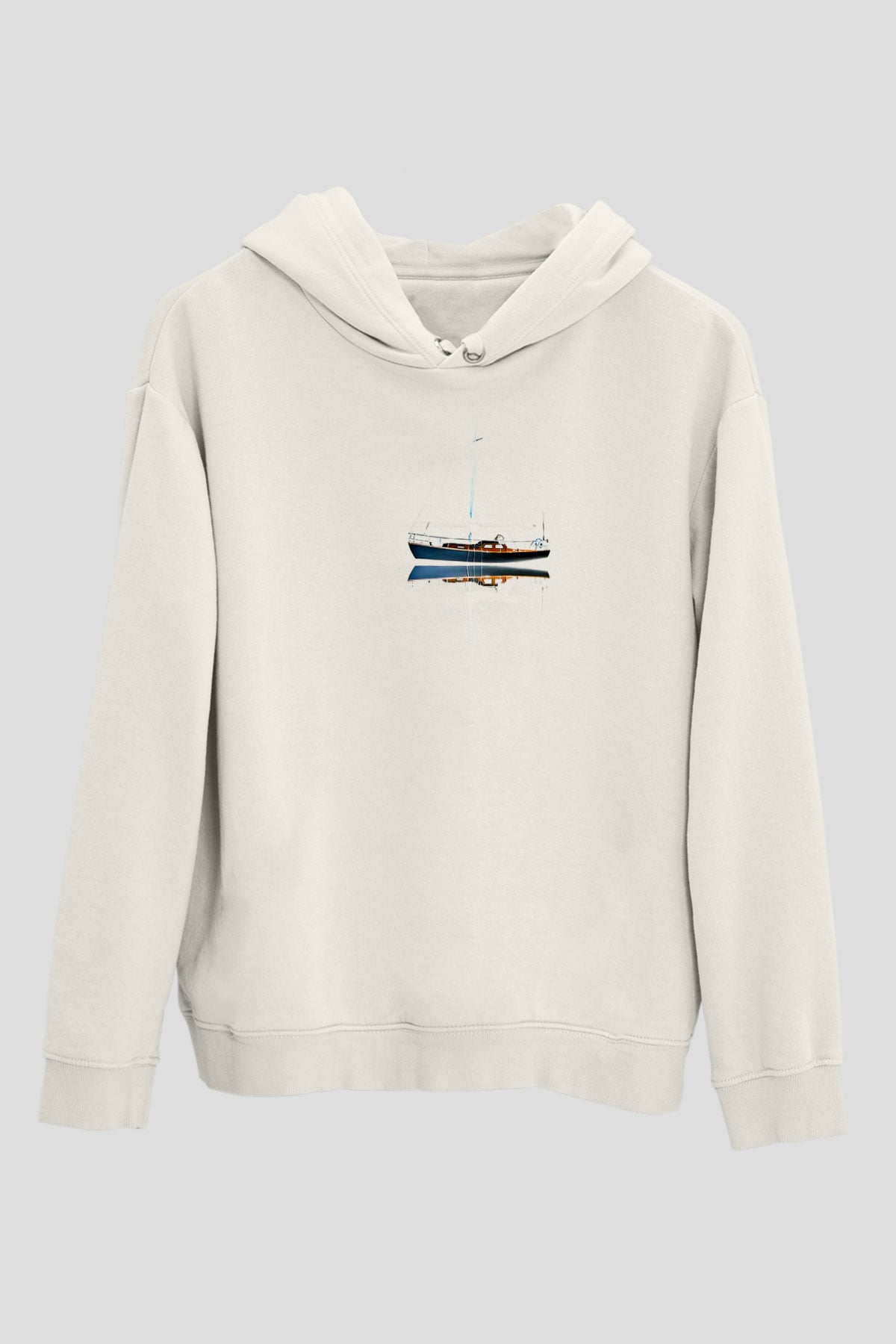 Yelken Baskılı Unisex Ekru Hoodie