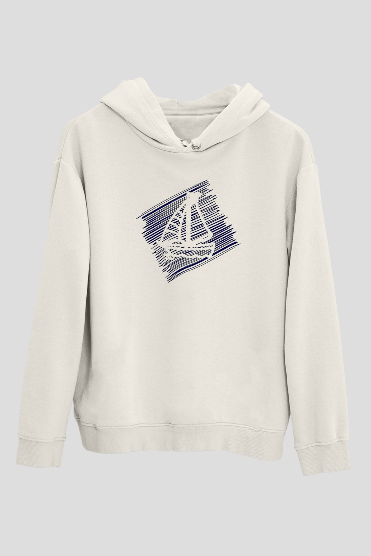 Yelken Baskılı Unisex Ekru Hoodie