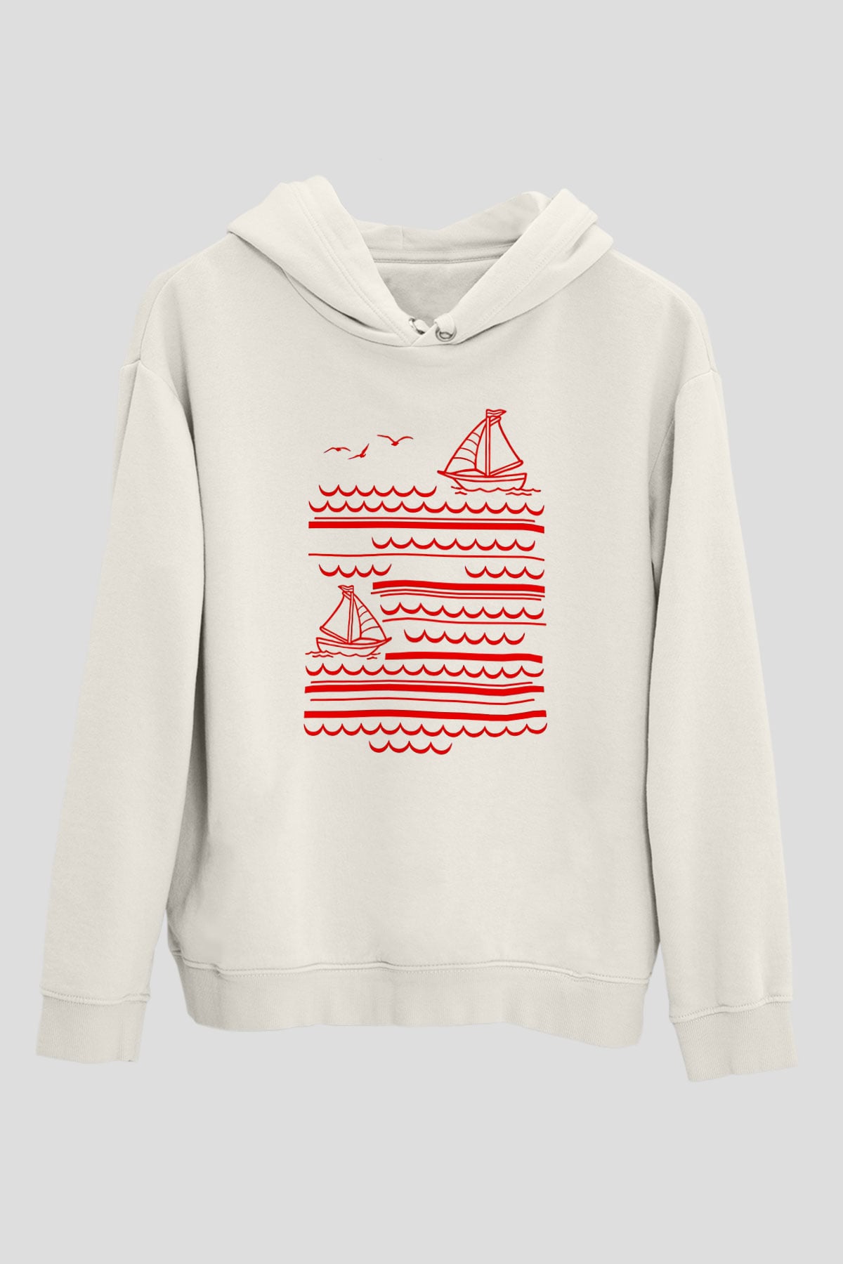 Yelken Baskılı Unisex Ekru Hoodie