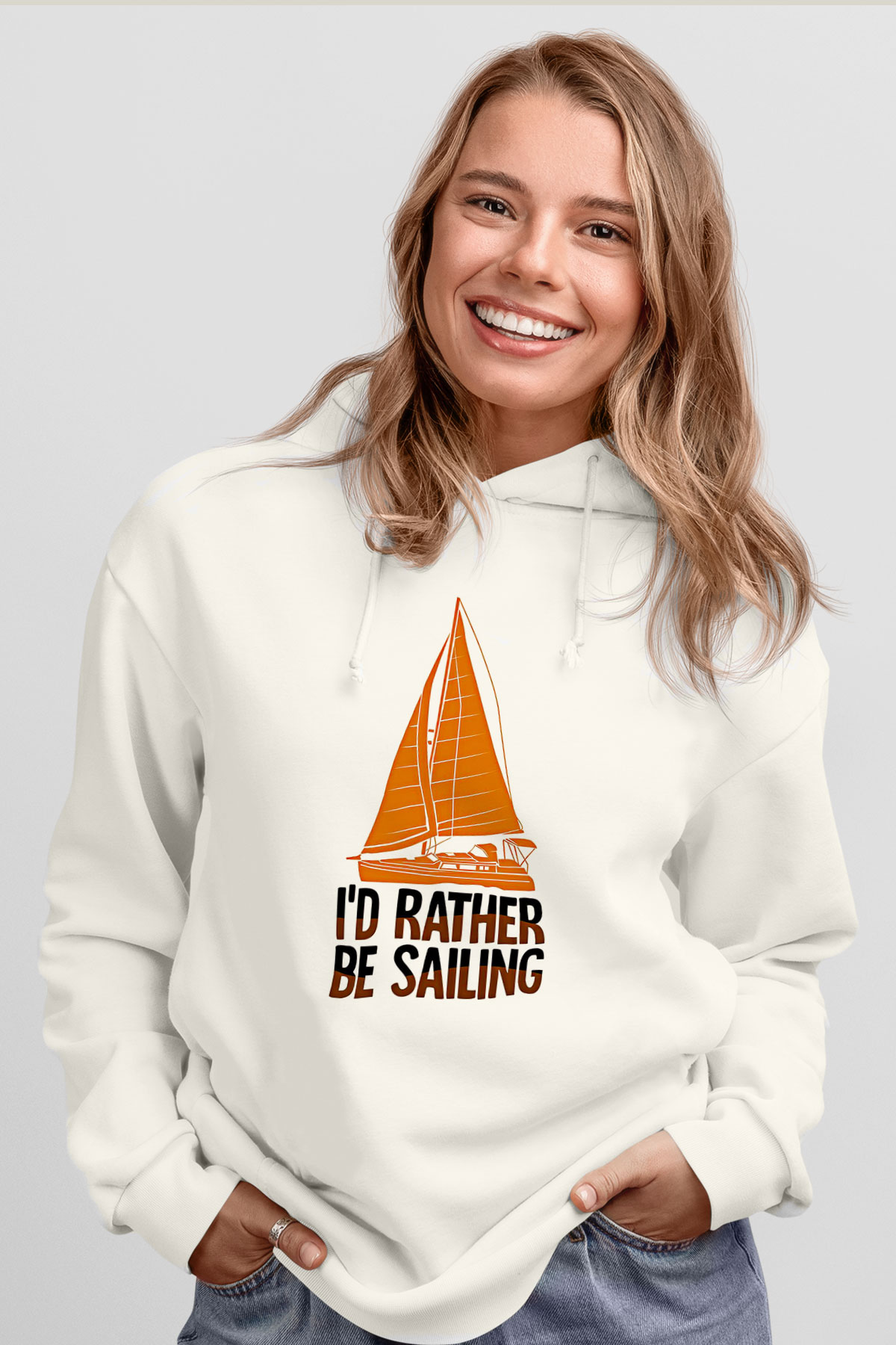 Yelken Baskılı Unisex Ekru Hoodie
