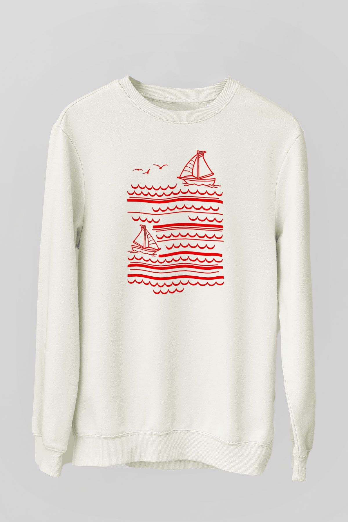 Yelken Baskılı Unisex Ekru Sweatshirt