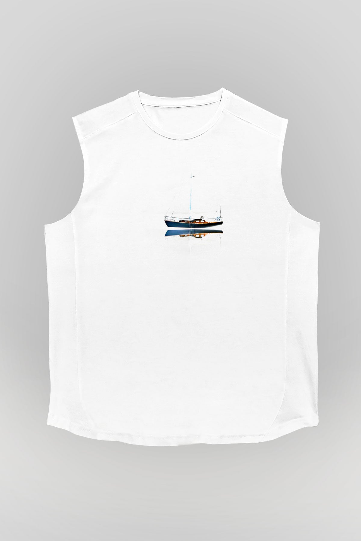 Yelken Baskılı Unisex Kolsuz Beyaz Tişört