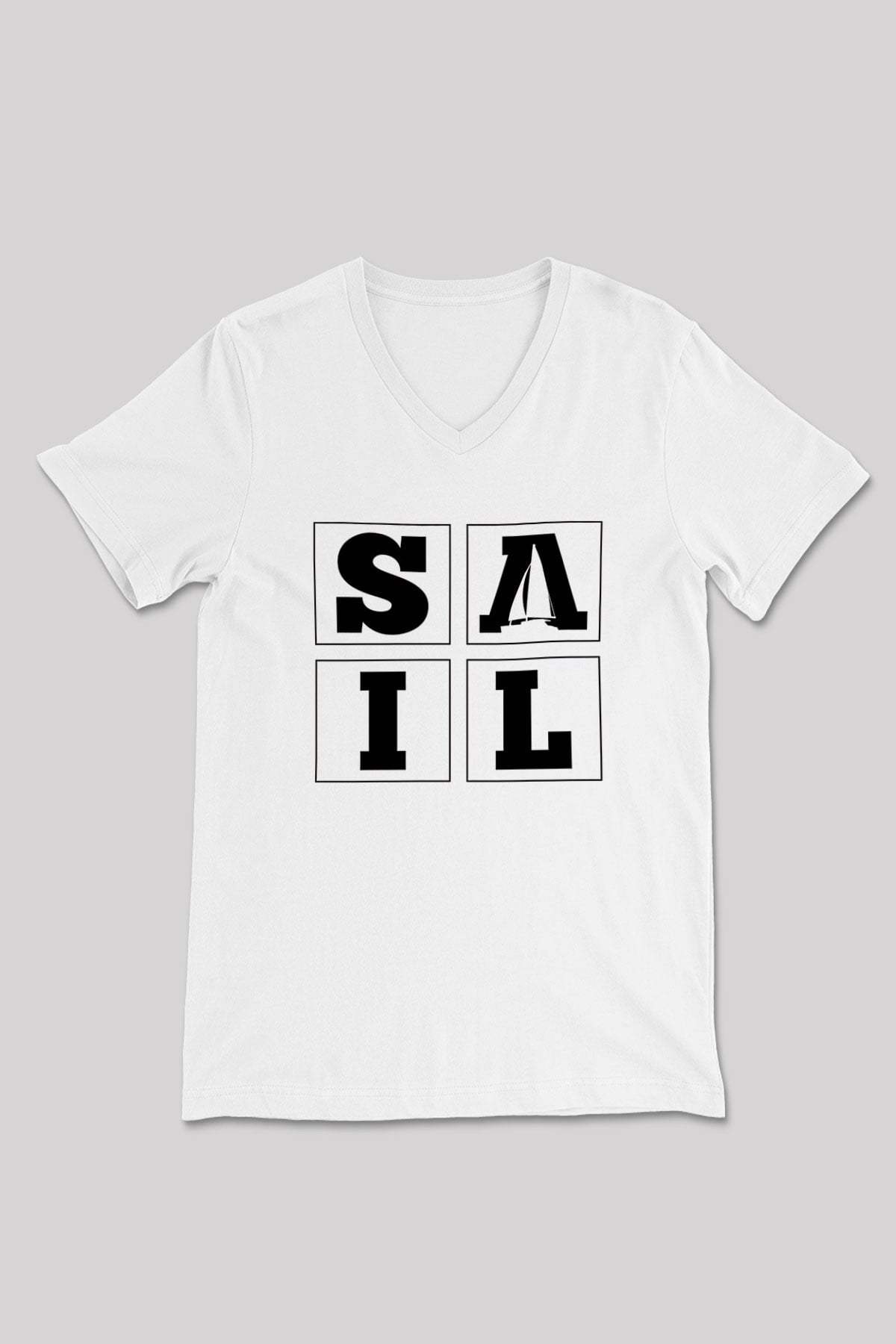Yelken Baskılı Unisex V Yaka Tişört - Tshirt