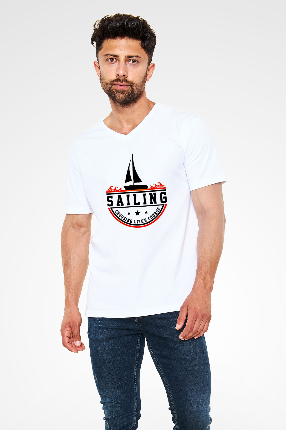 Yelken Baskılı Unisex V Yaka Tişört - Tshirt
