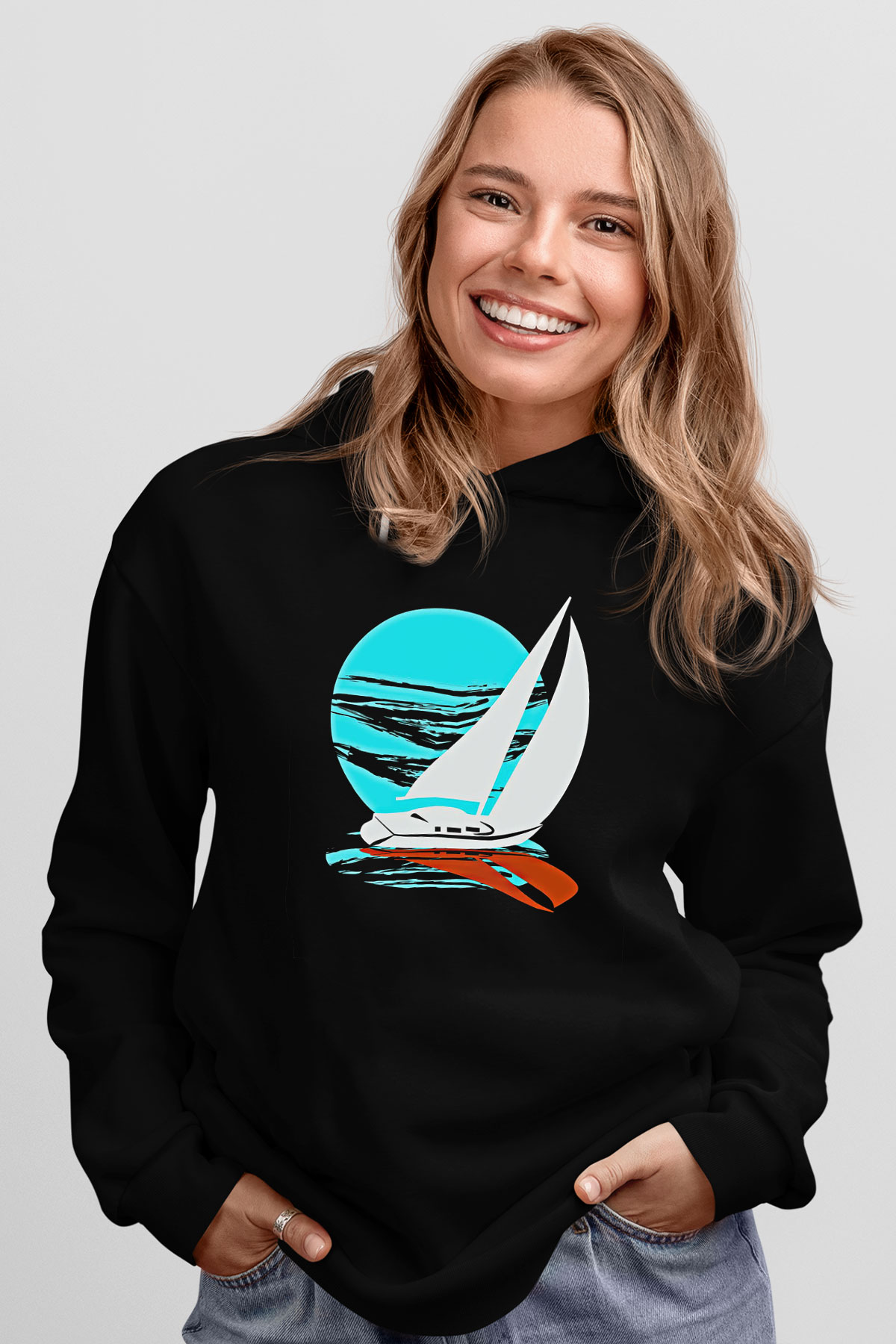 Yelken - Sail Baskılı Unisex Siyah Kapüşonlu Sweatshirt