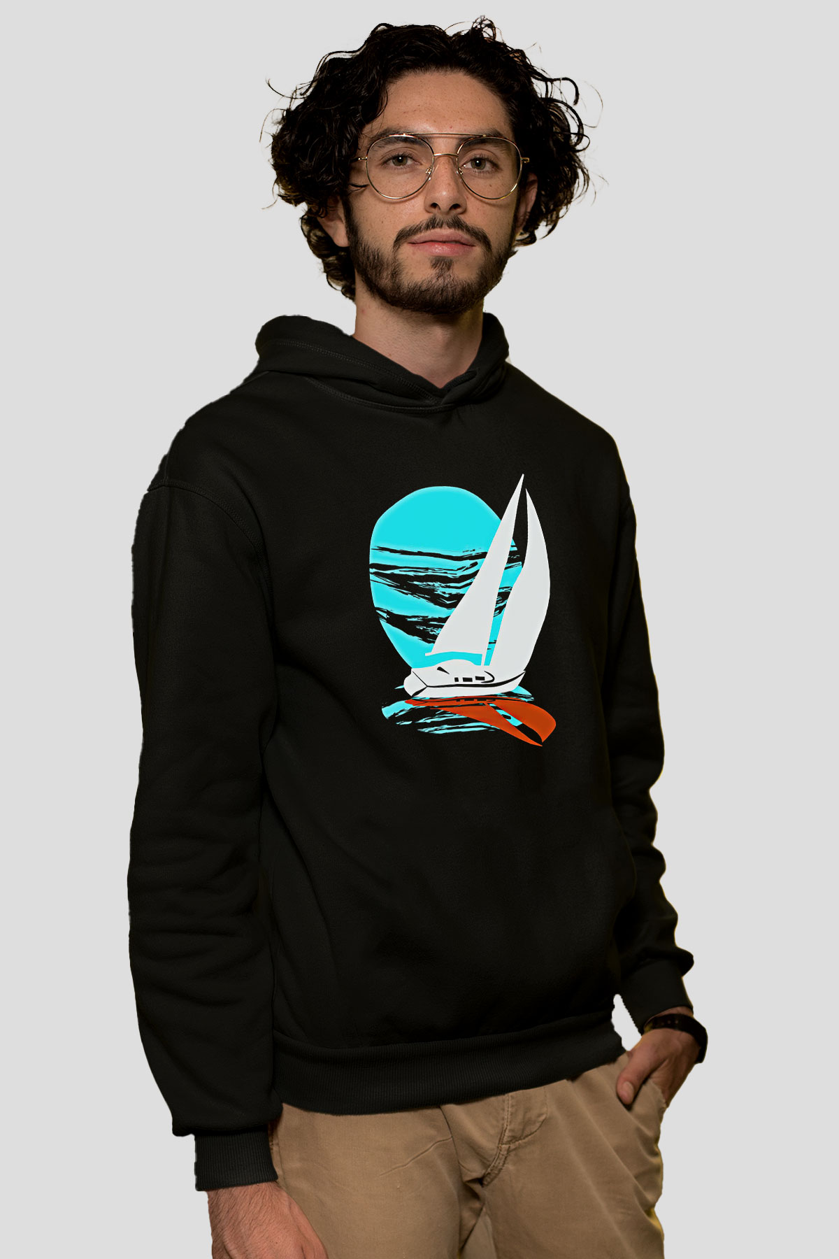 Yelken - Sail Baskılı Unisex Siyah Kapüşonlu Sweatshirt