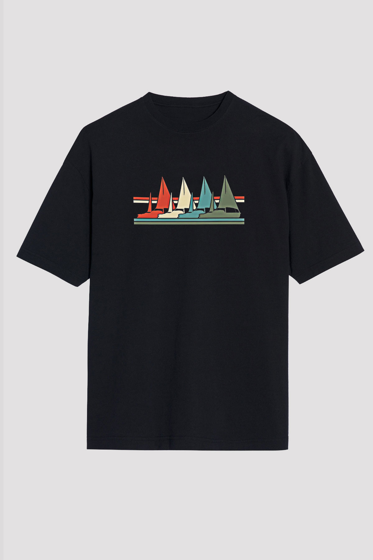 Yelken - Sail Baskılı Unisex Siyah Oversize Tişört