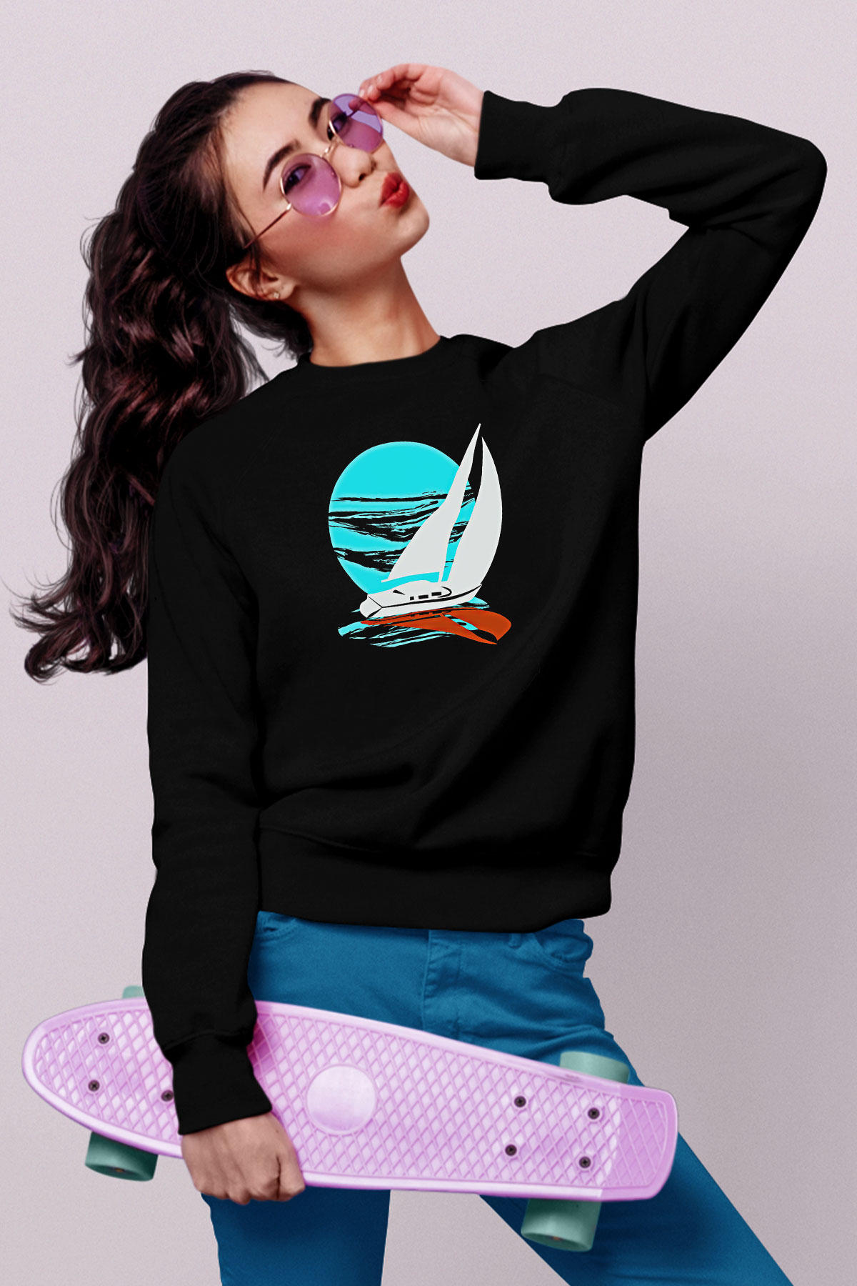 Yelken - Sail Baskılı Unisex Siyah Sweatshirt