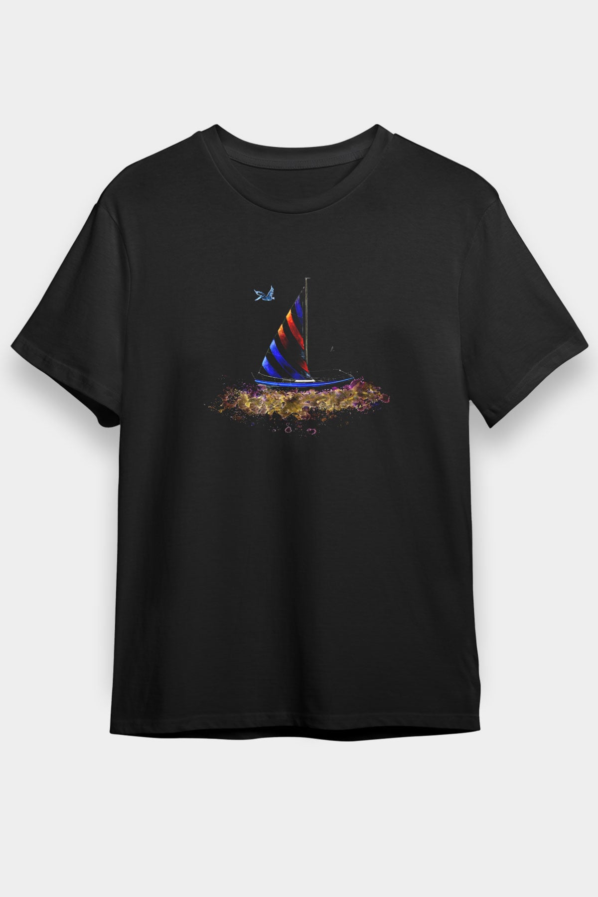 Yelken - Sail Baskılı Unisex Siyah Tişört - Tshirt