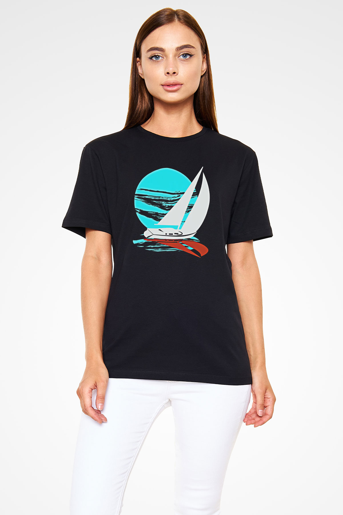 Yelken - Sail Baskılı Unisex Siyah Tişört - Tshirt
