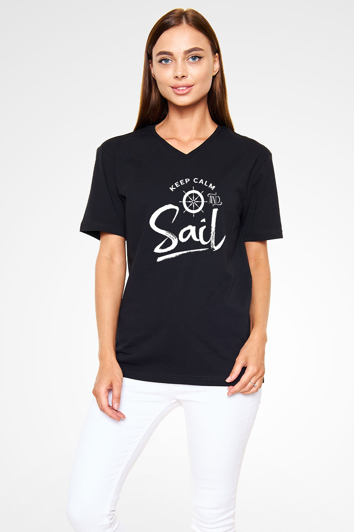 Yelken - Sail Baskılı Unisex Siyah V Yaka Tişört