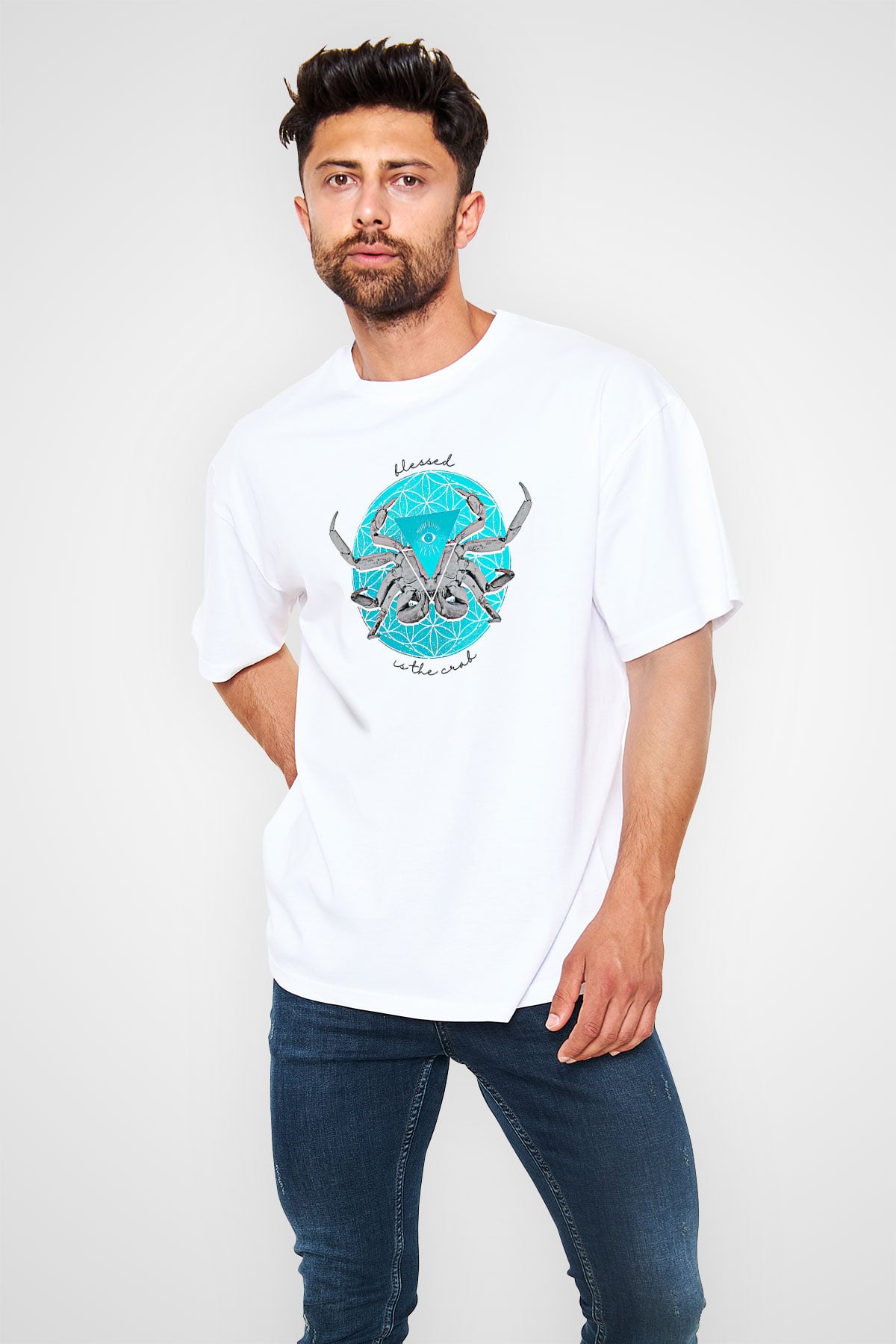Yengeç Burcu Baskılı Beyaz Unisex Oversize Tişört - Tshirt