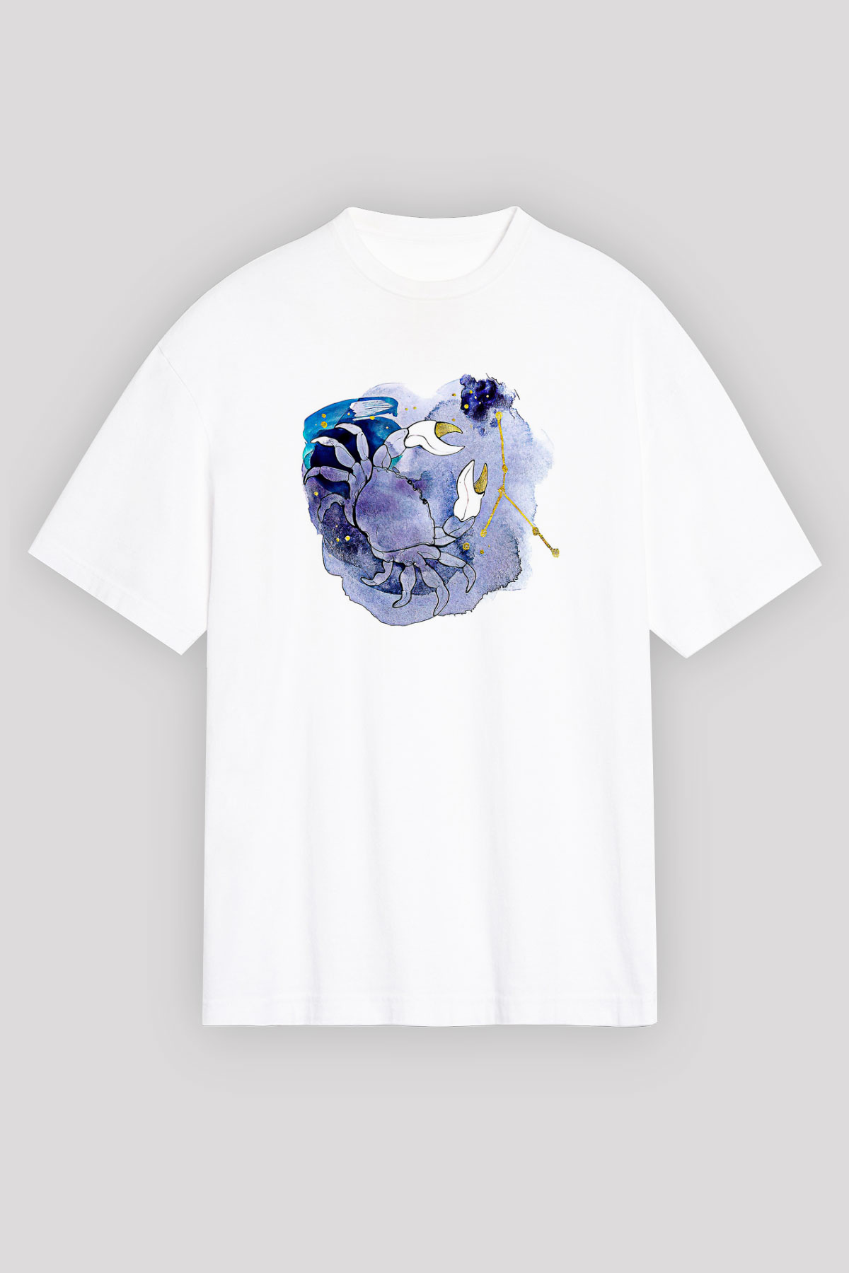 Yengeç Burcu Baskılı Beyaz Unisex Oversize Tişört - Tshirt