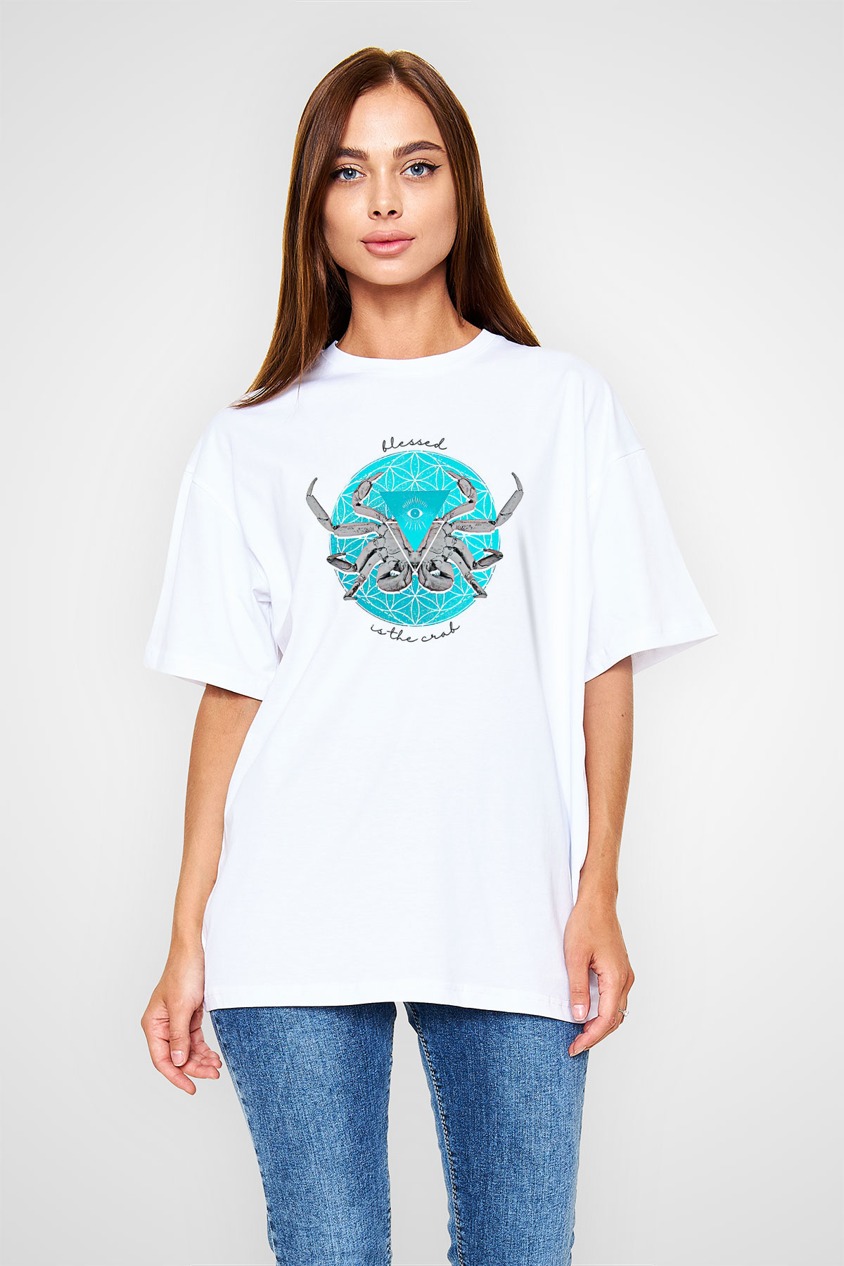 Yengeç Burcu Baskılı Beyaz Unisex Oversize Tişört - Tshirt