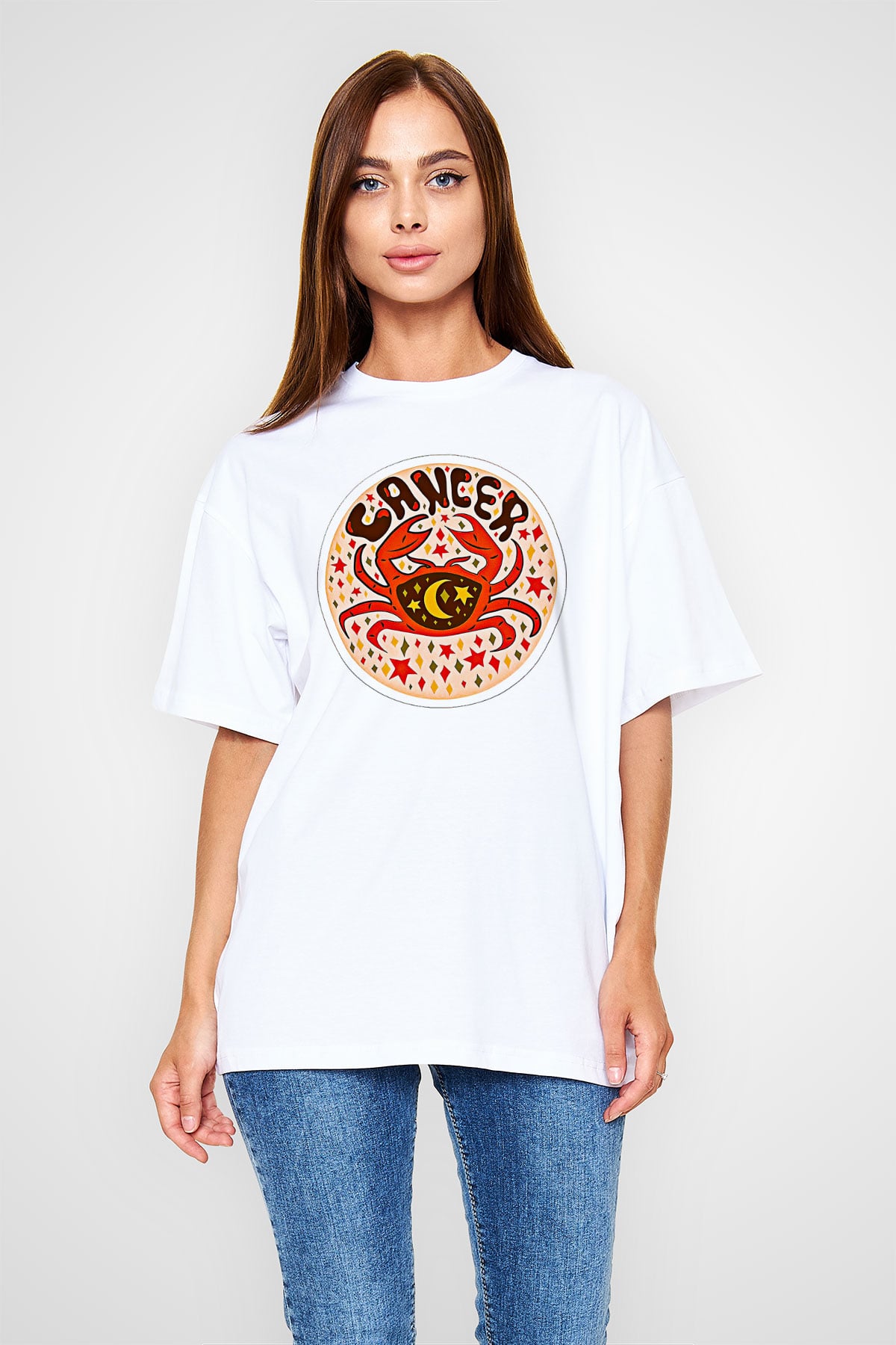 Yengeç Burcu Baskılı Beyaz Unisex Oversize Tişört - Tshirt