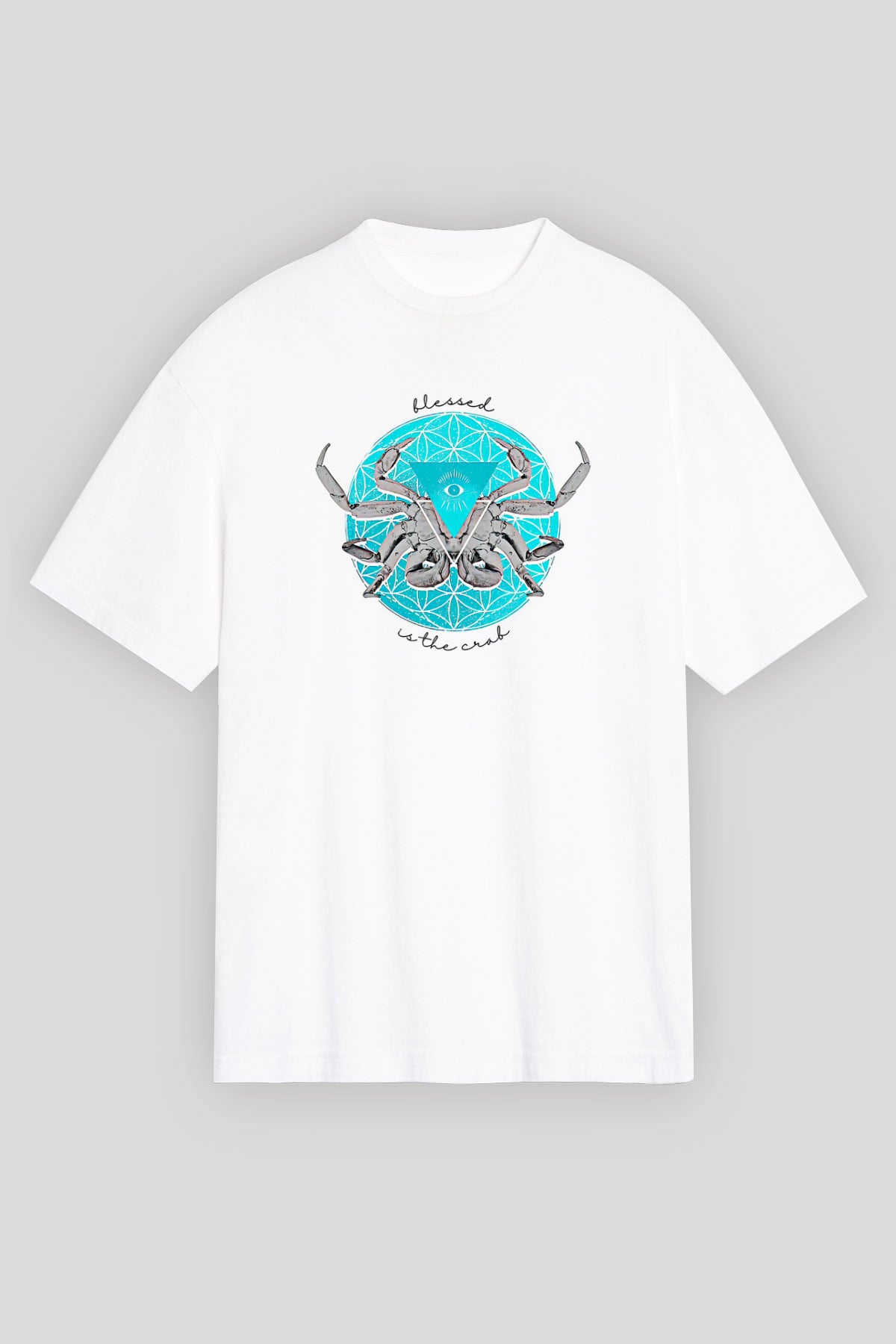 Yengeç Burcu Baskılı Beyaz Unisex Oversize Tişört - Tshirt