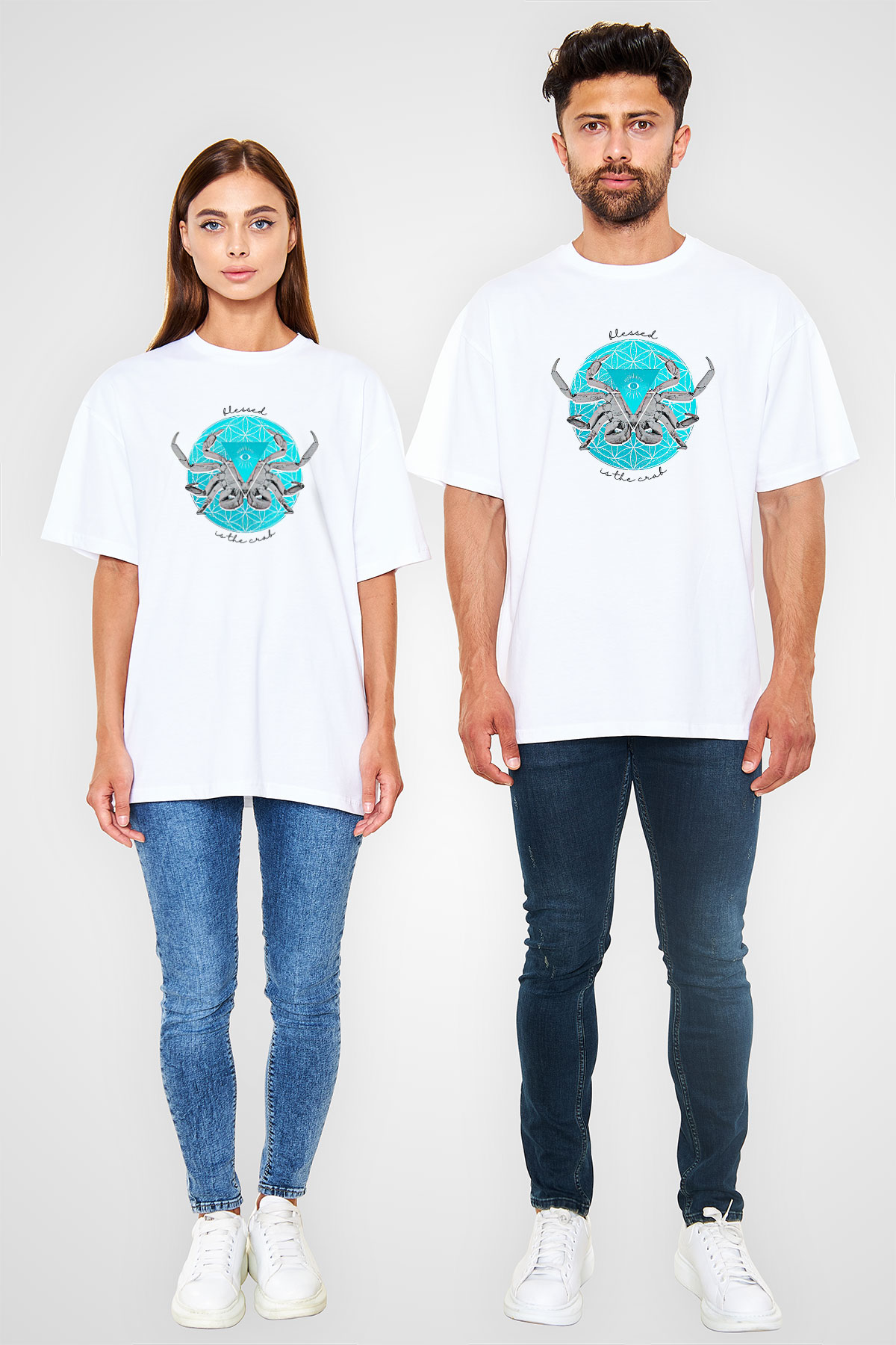 Yengeç Burcu Baskılı Beyaz Unisex Oversize Tişört - Tshirt