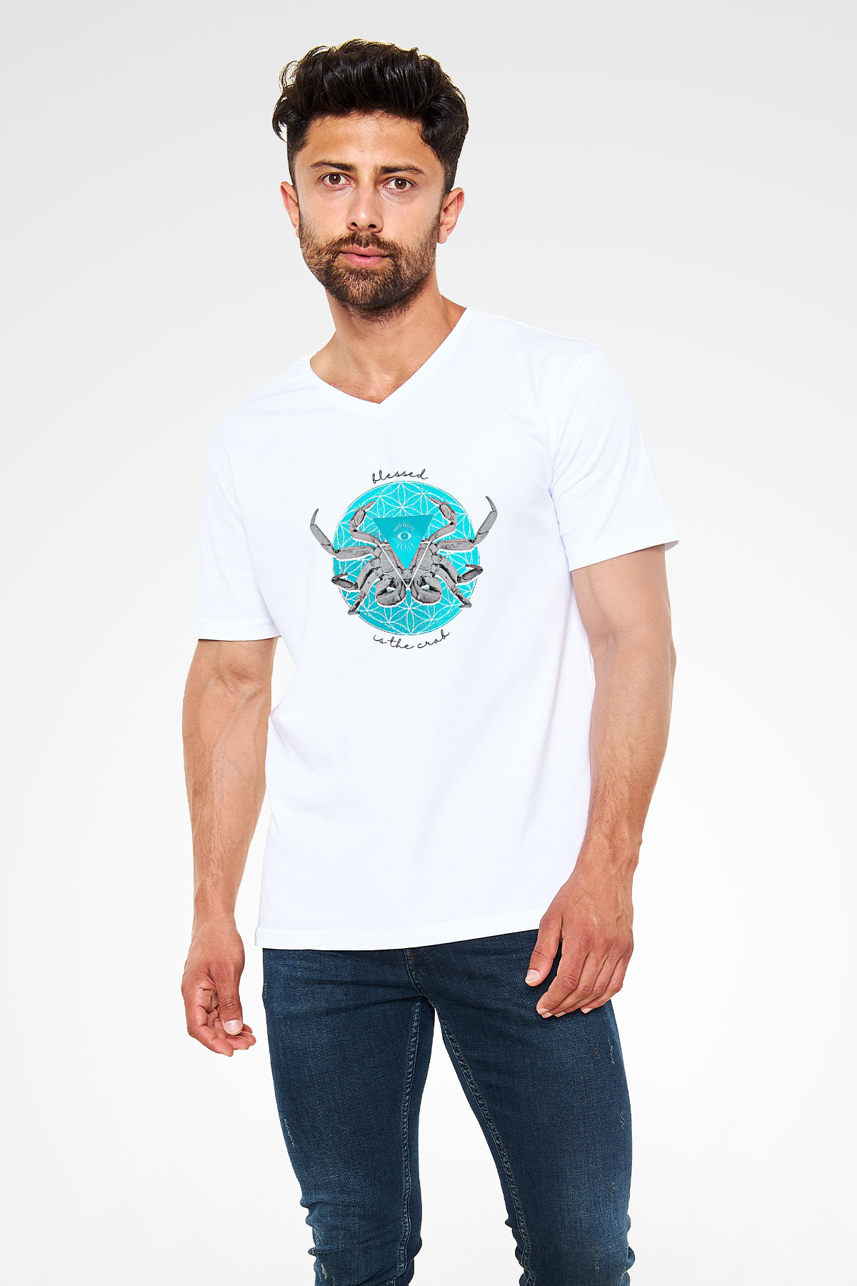 Yengeç Burcu Baskılı Beyaz Unisex V Yaka Tişört - Tshirt