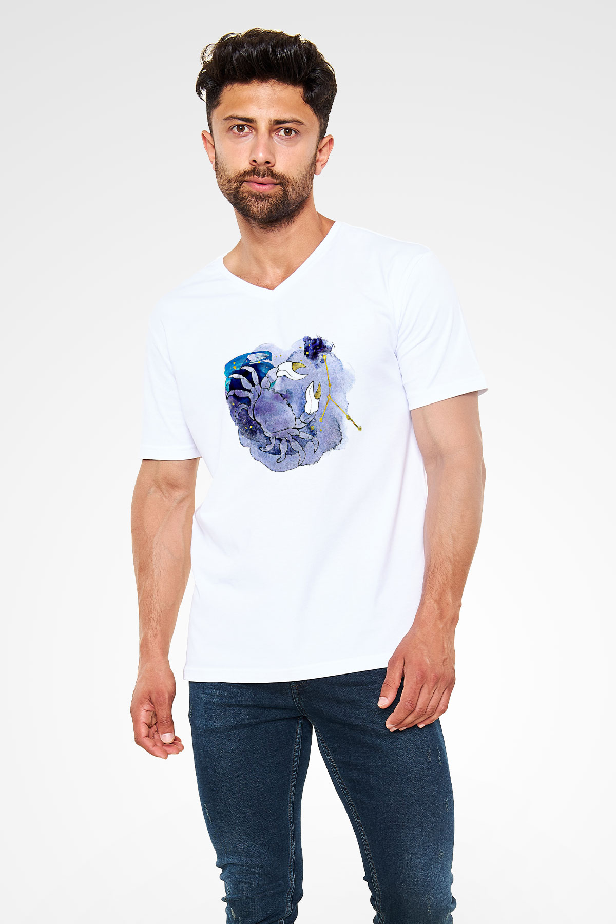 Yengeç Burcu Baskılı Beyaz Unisex V Yaka Tişört - Tshirt